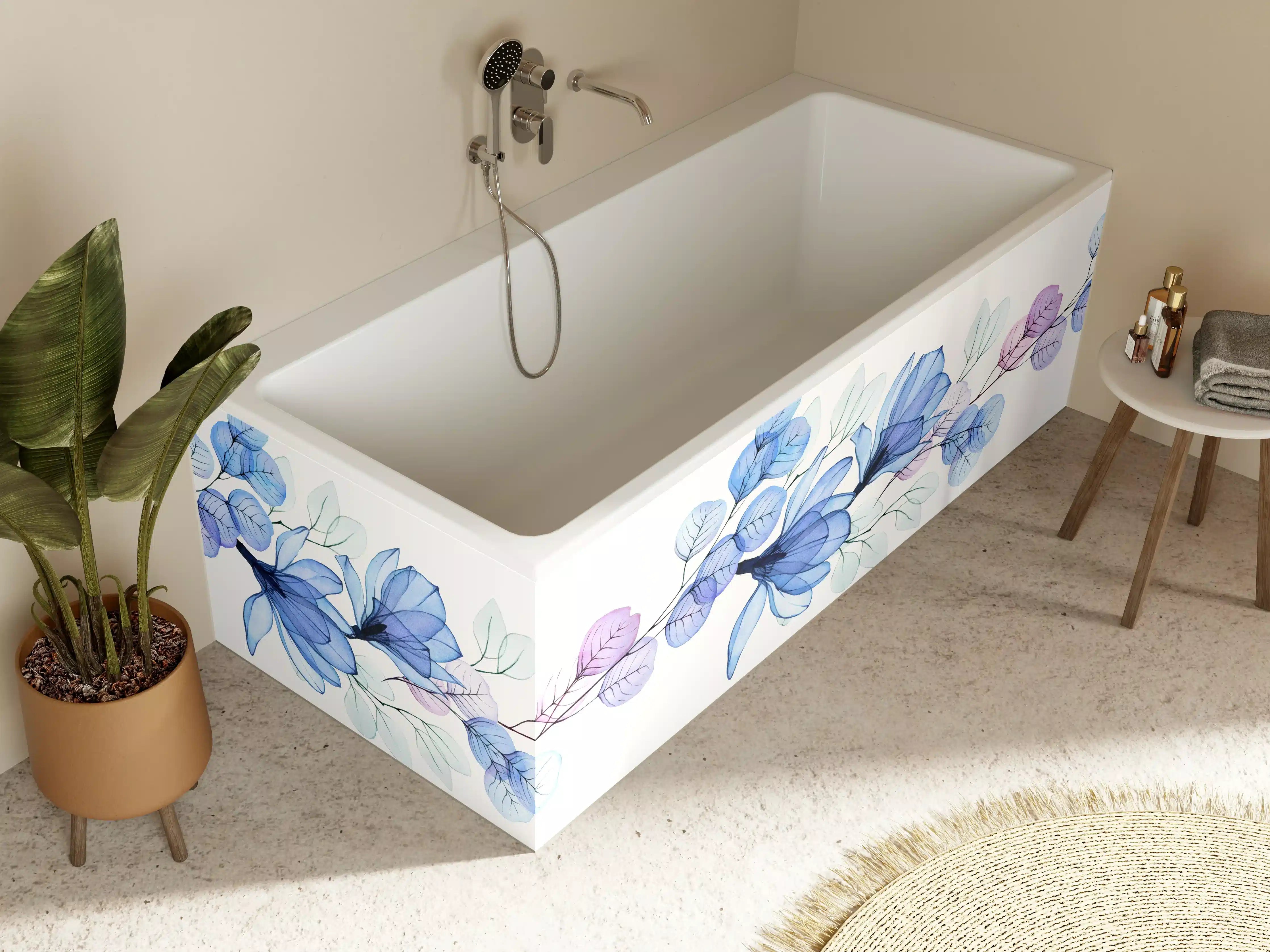 Badewannen-Rückwand - Blumendekor mit blauen und lilafarbenen Blättern