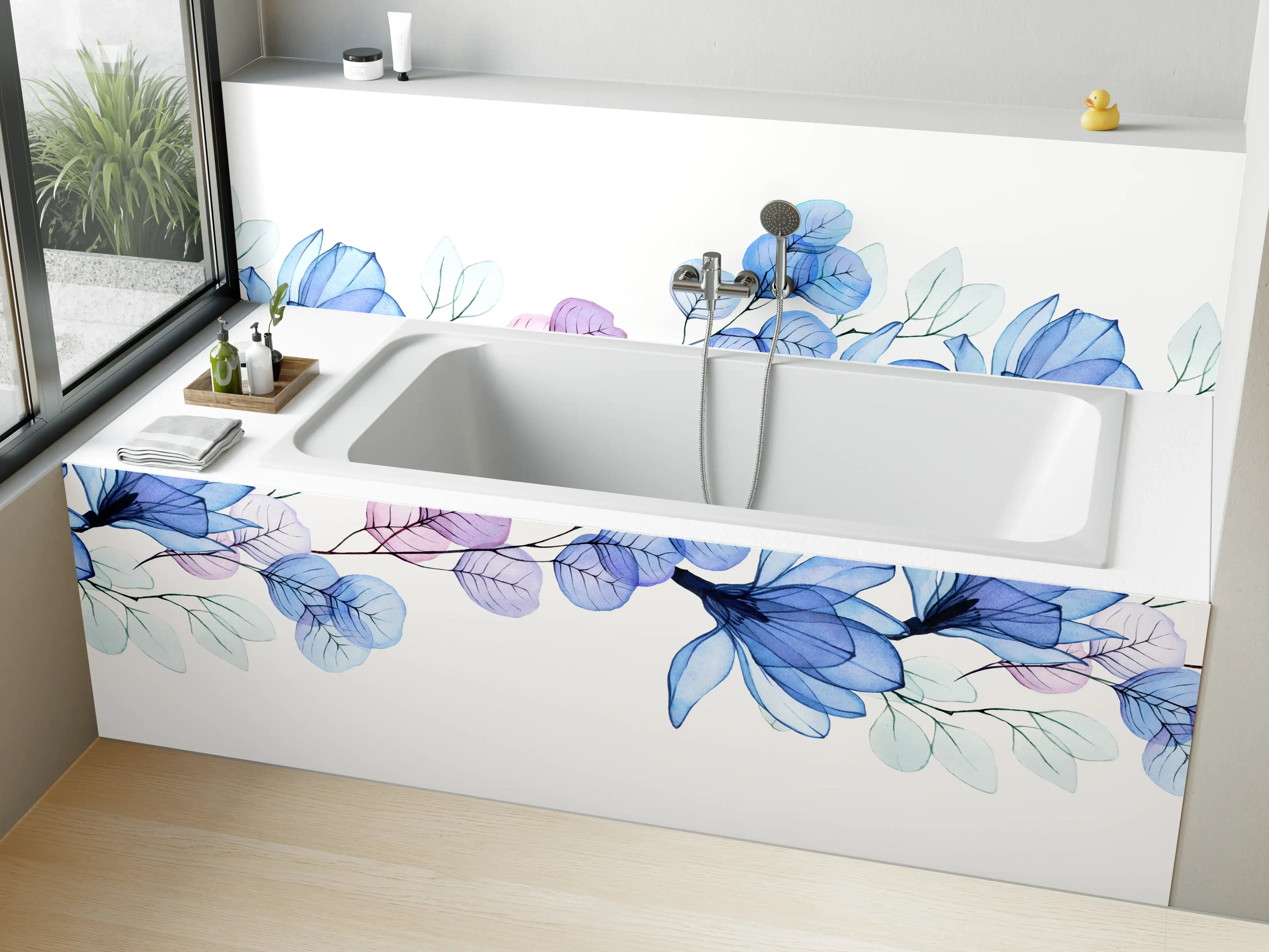 Badewannen-Rückwand - Blumendekor mit blauen und lilafarbenen Blättern