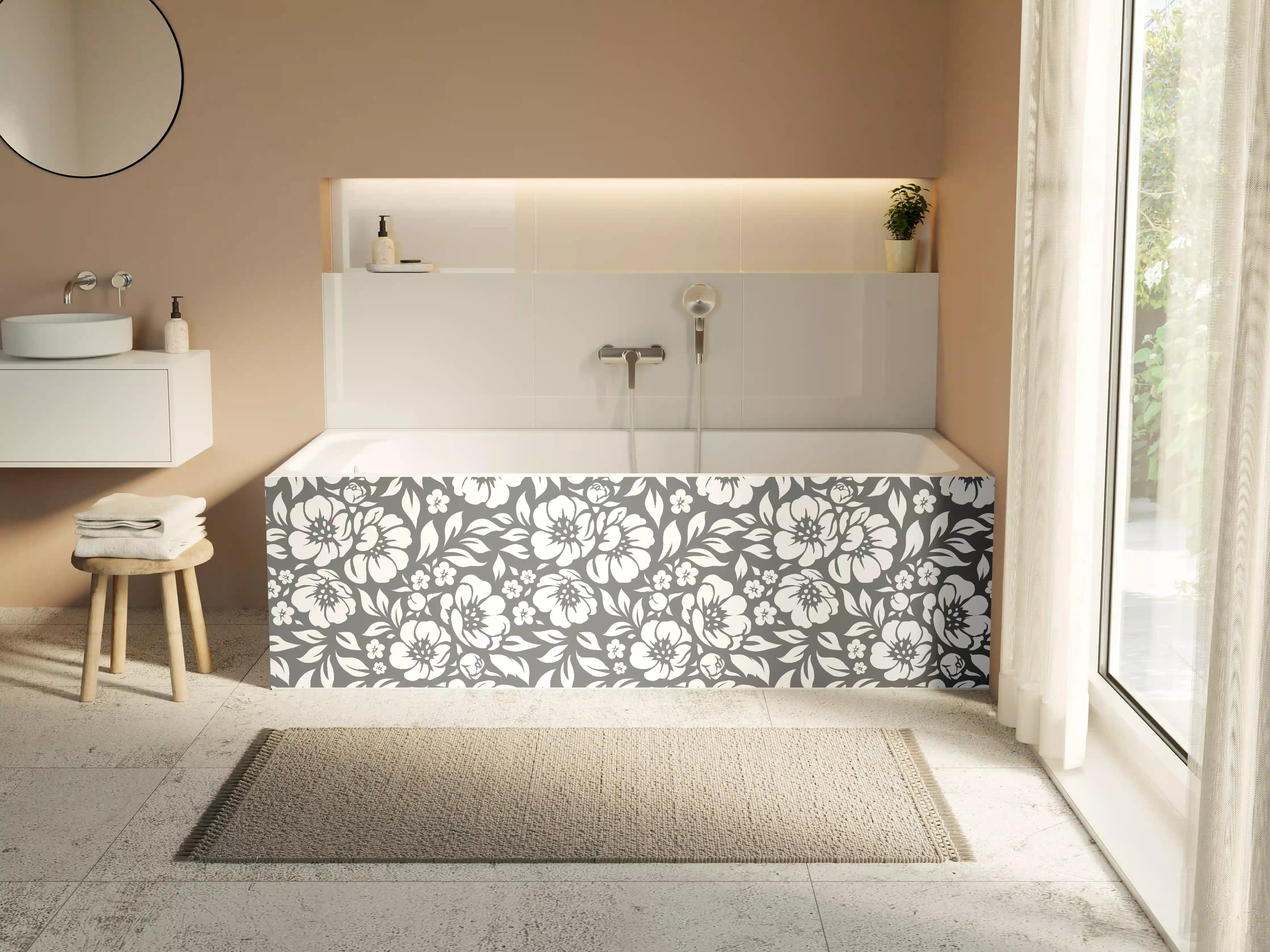 Badewannen-Rückwand - Blumendesign in Schwarz-Weiß