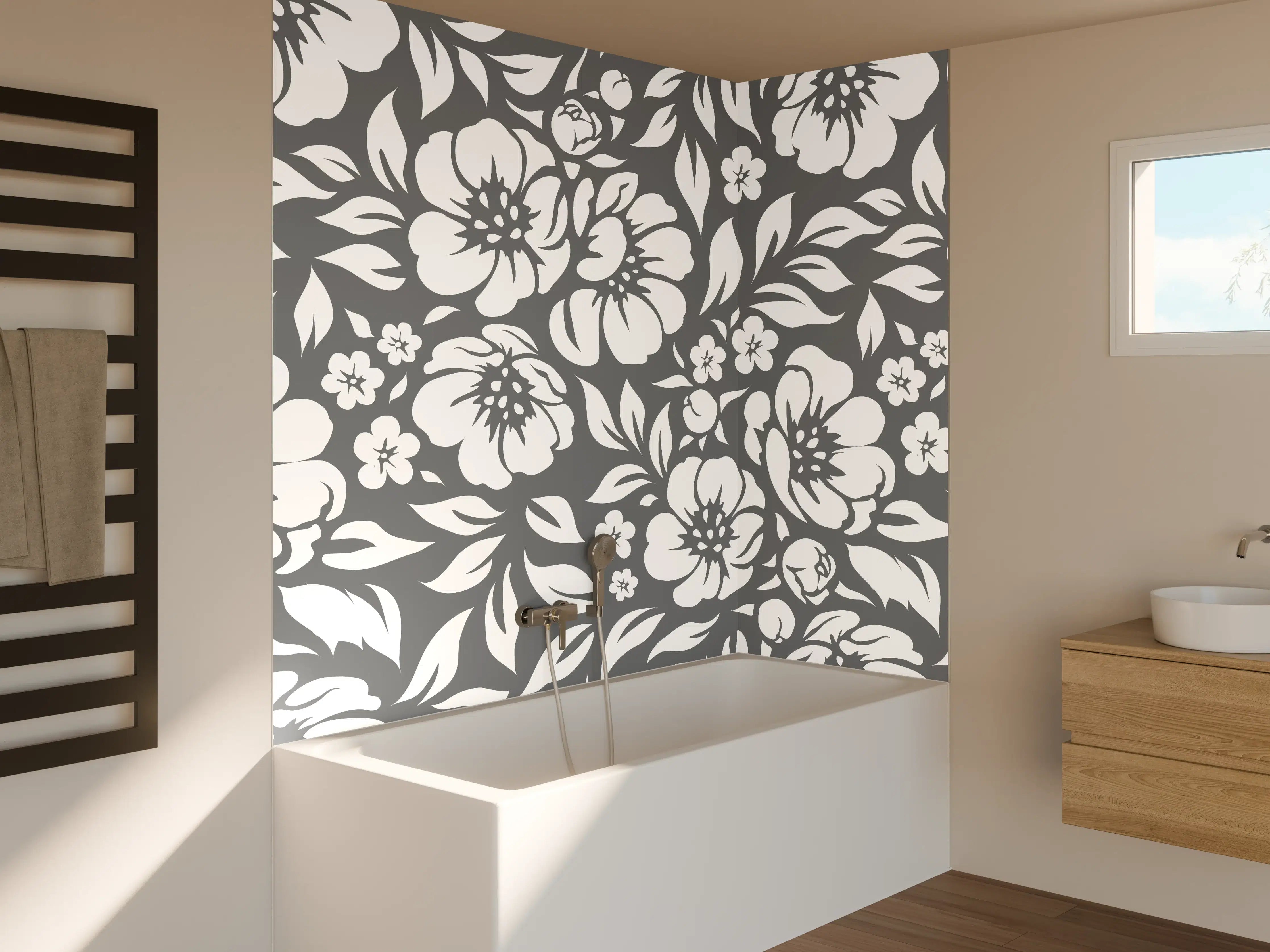 Badewannen-Rückwand - Blumendesign in Schwarz-Weiß