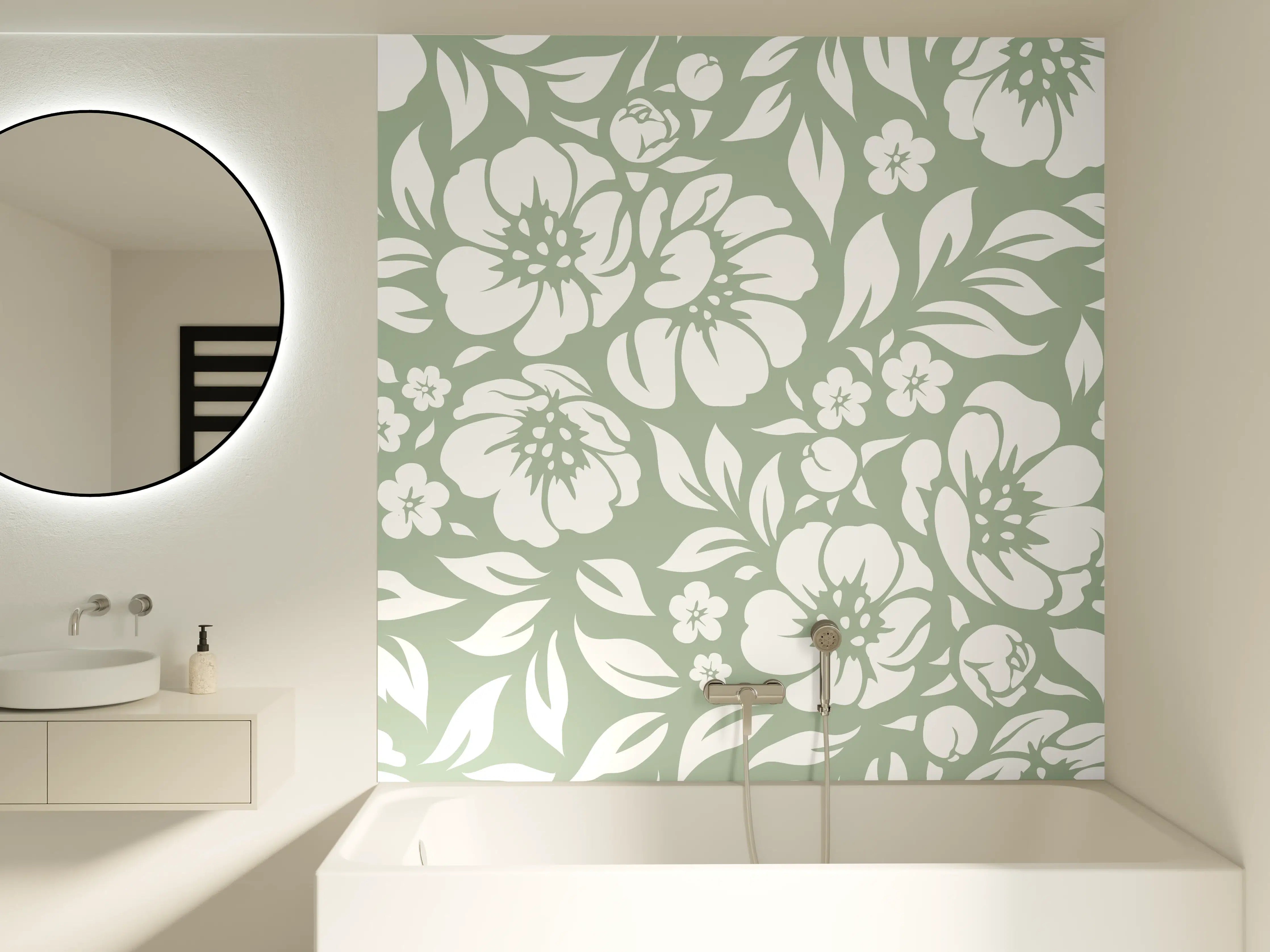 Badewannen-Rückwand - Blumendesign in zartem Grün und Weiß