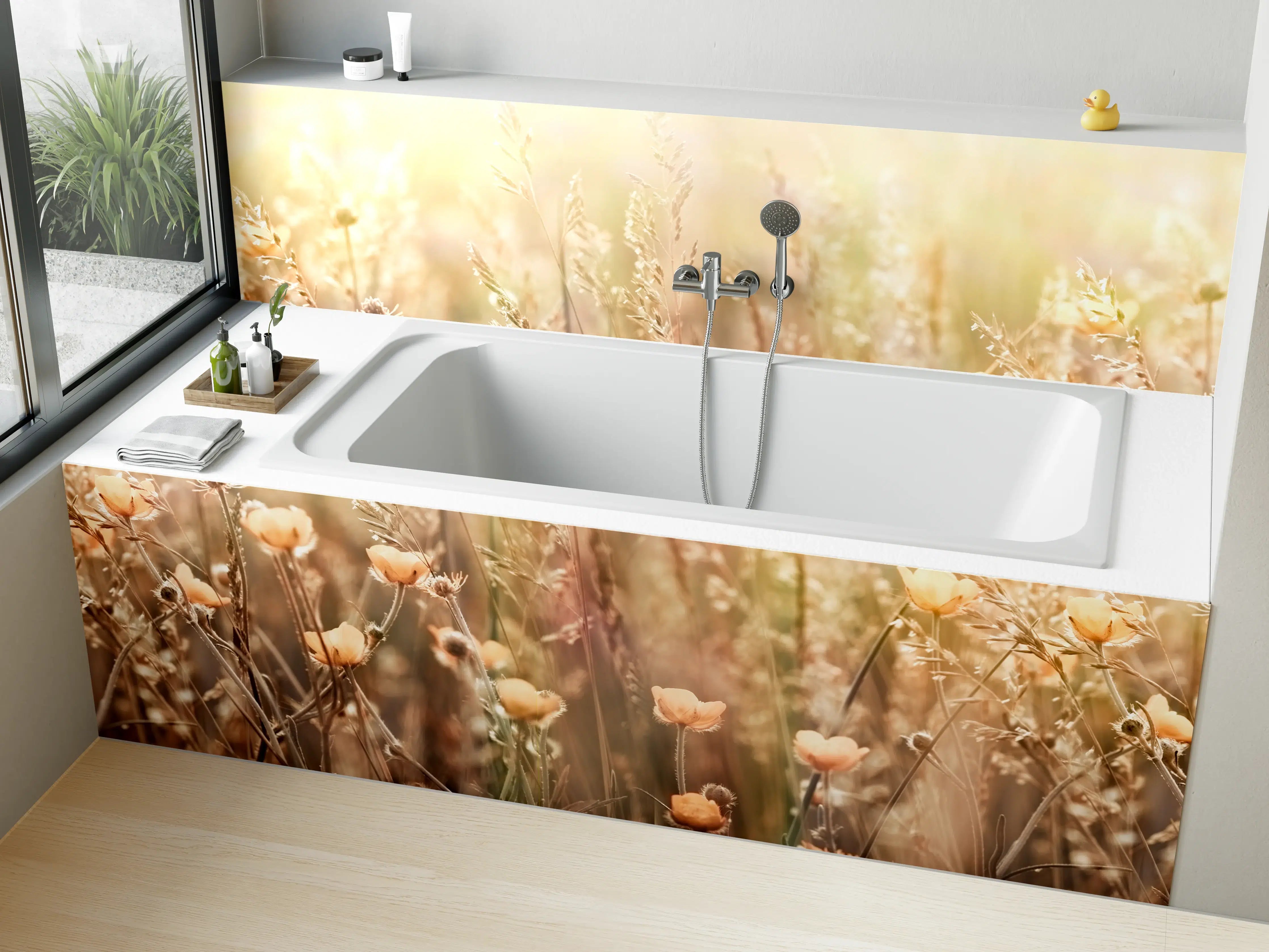 Badewannen-Rückwand - Blumenfeld mit Sonnenstrahlen