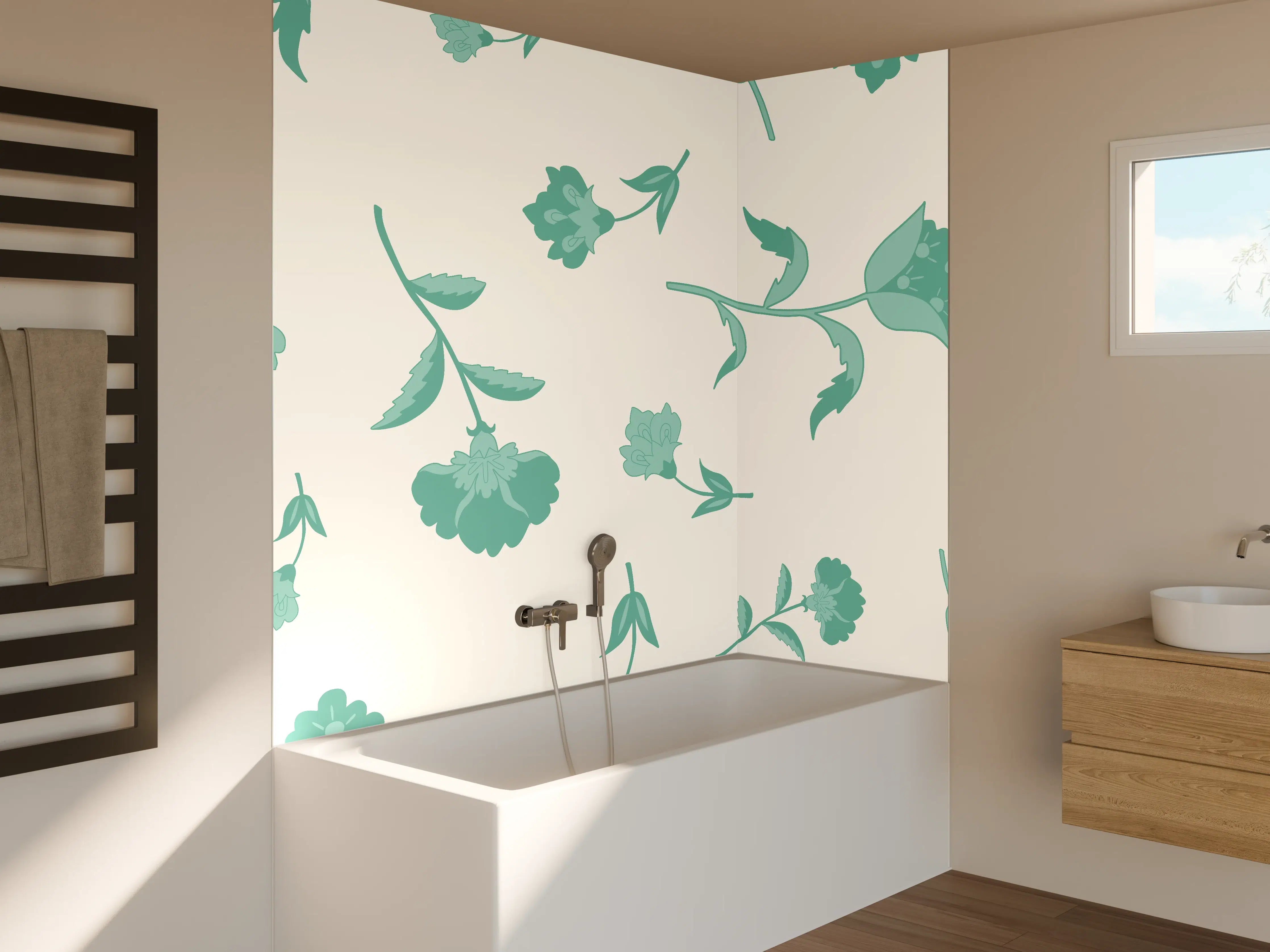 Badewannen-Rückwand - Blumenmuster Türkis-Weiß