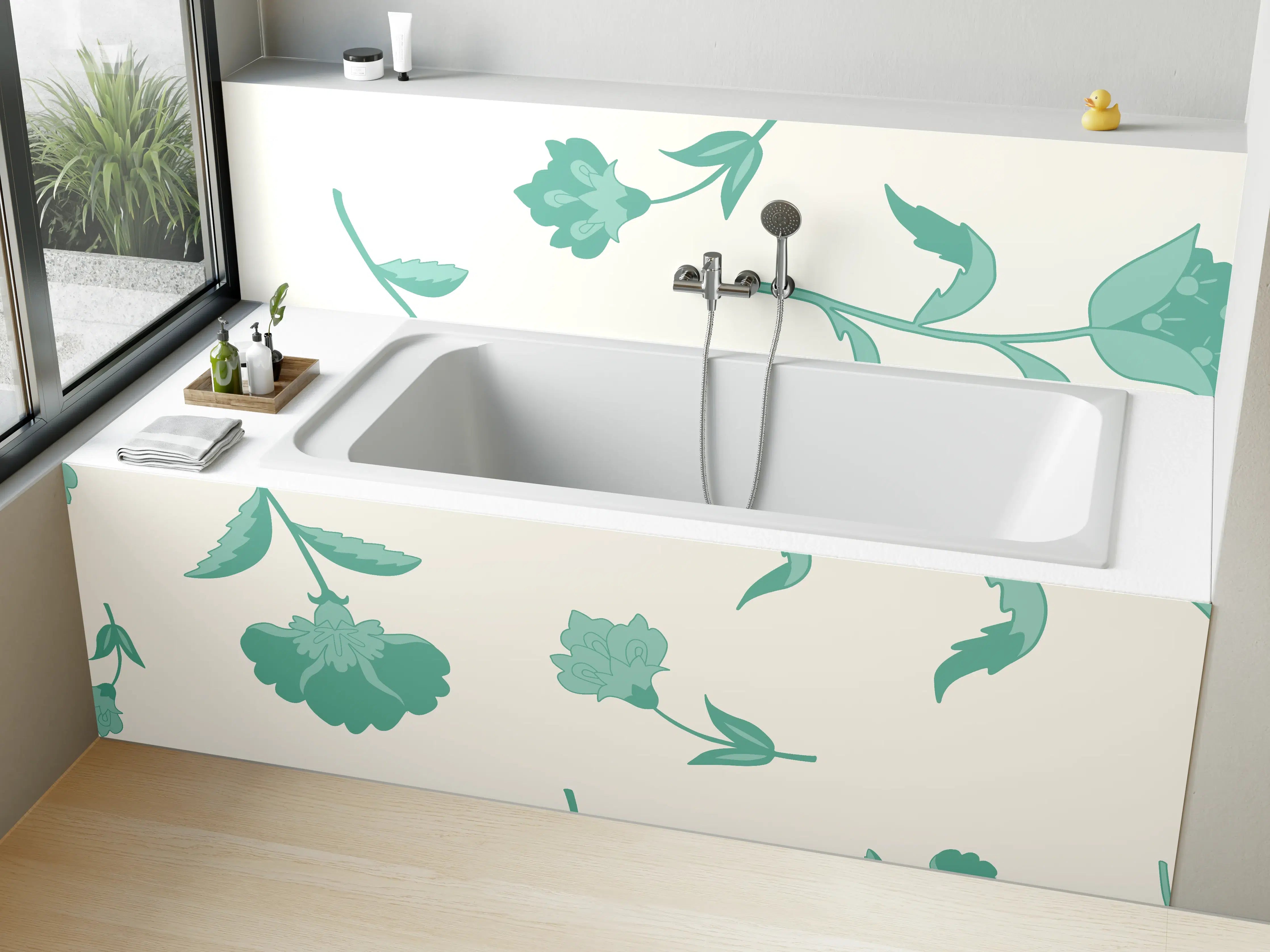 Badewannen-Rückwand - Blumenmuster Türkis-Weiß