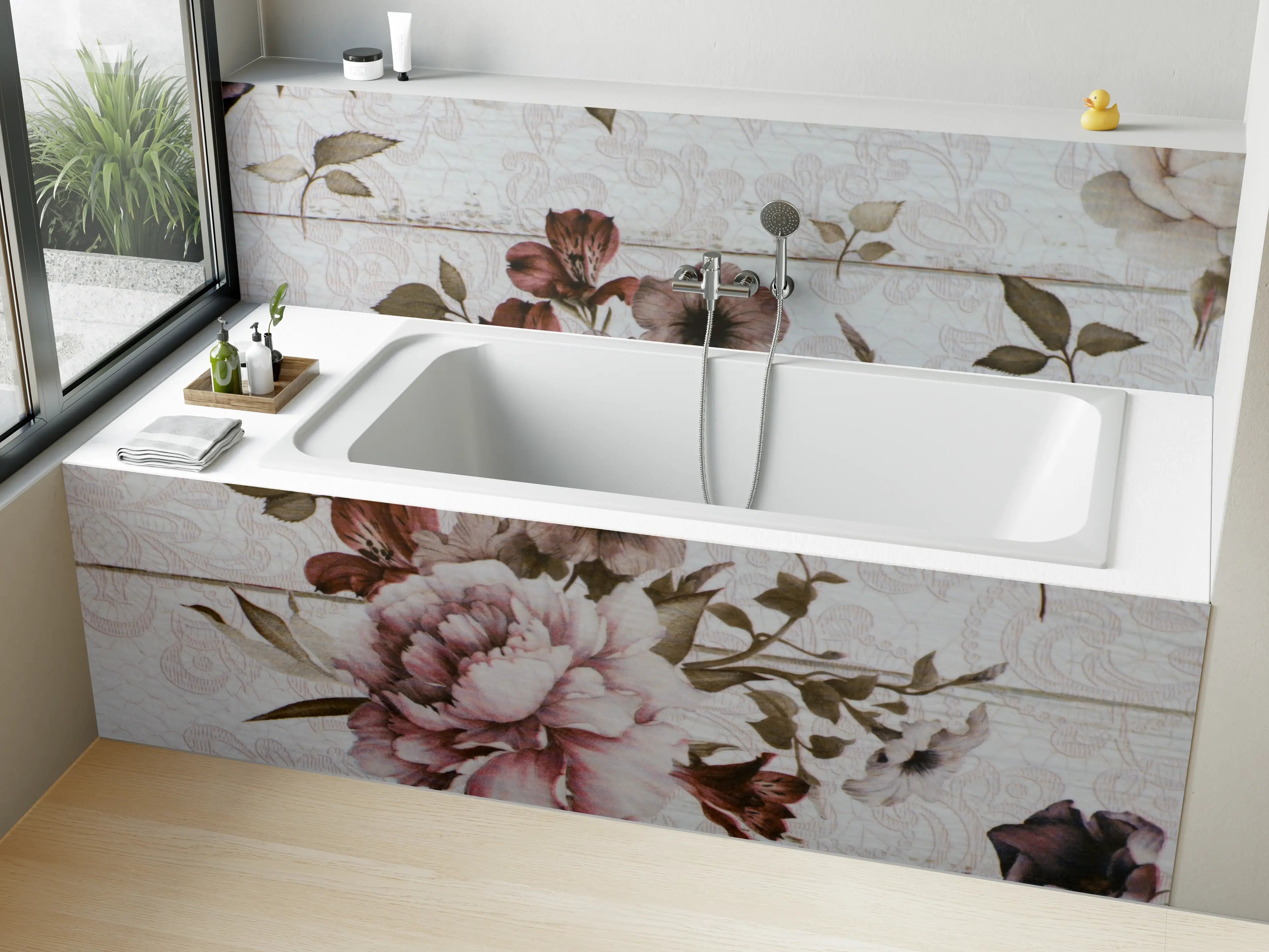 Badewannen-Rückwand - Blumenmuster auf Holzoptik mit sanften Pastellfarben