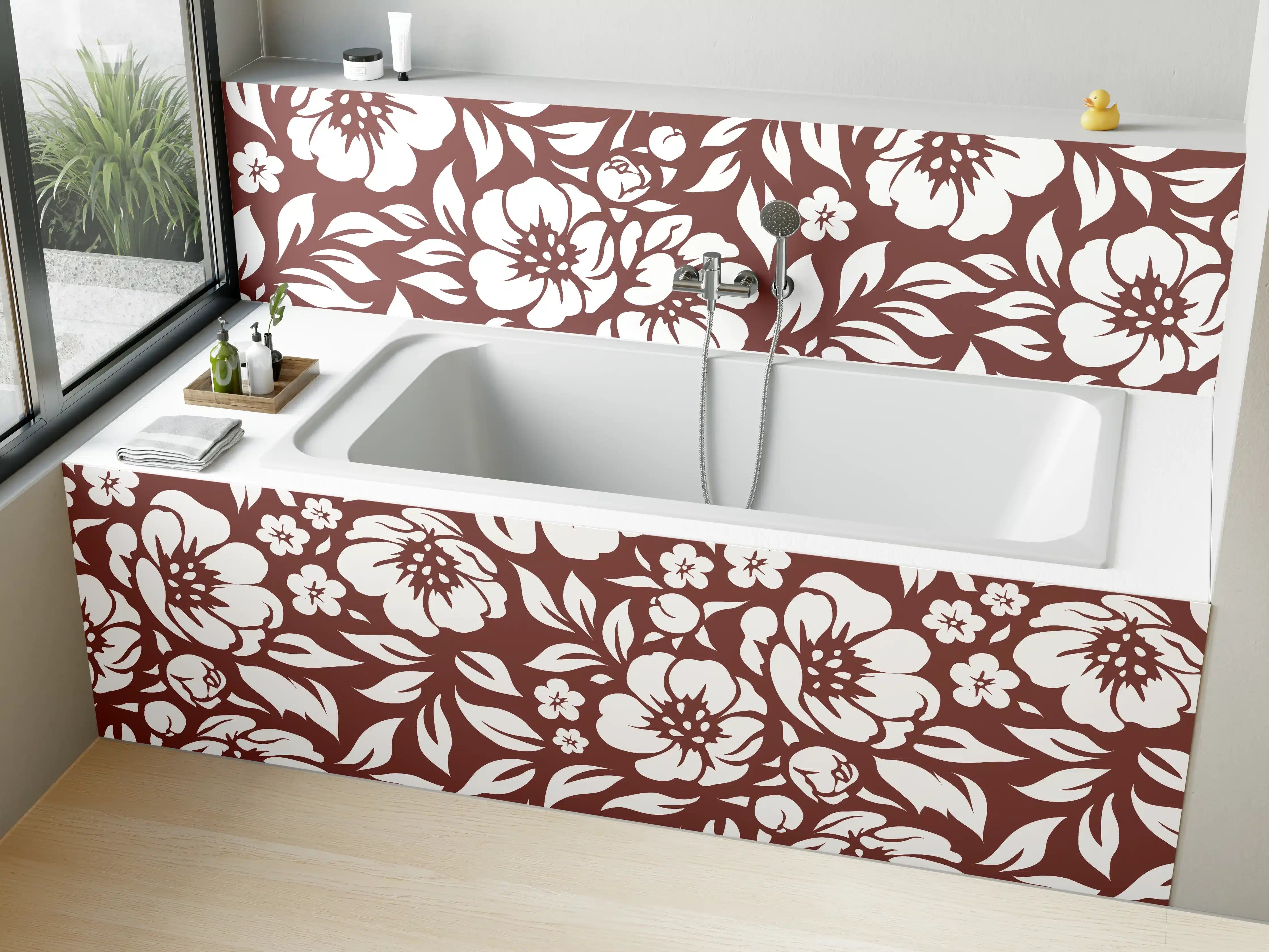 Badewannen-Rückwand - Blumenmuster in Weiß auf Braun