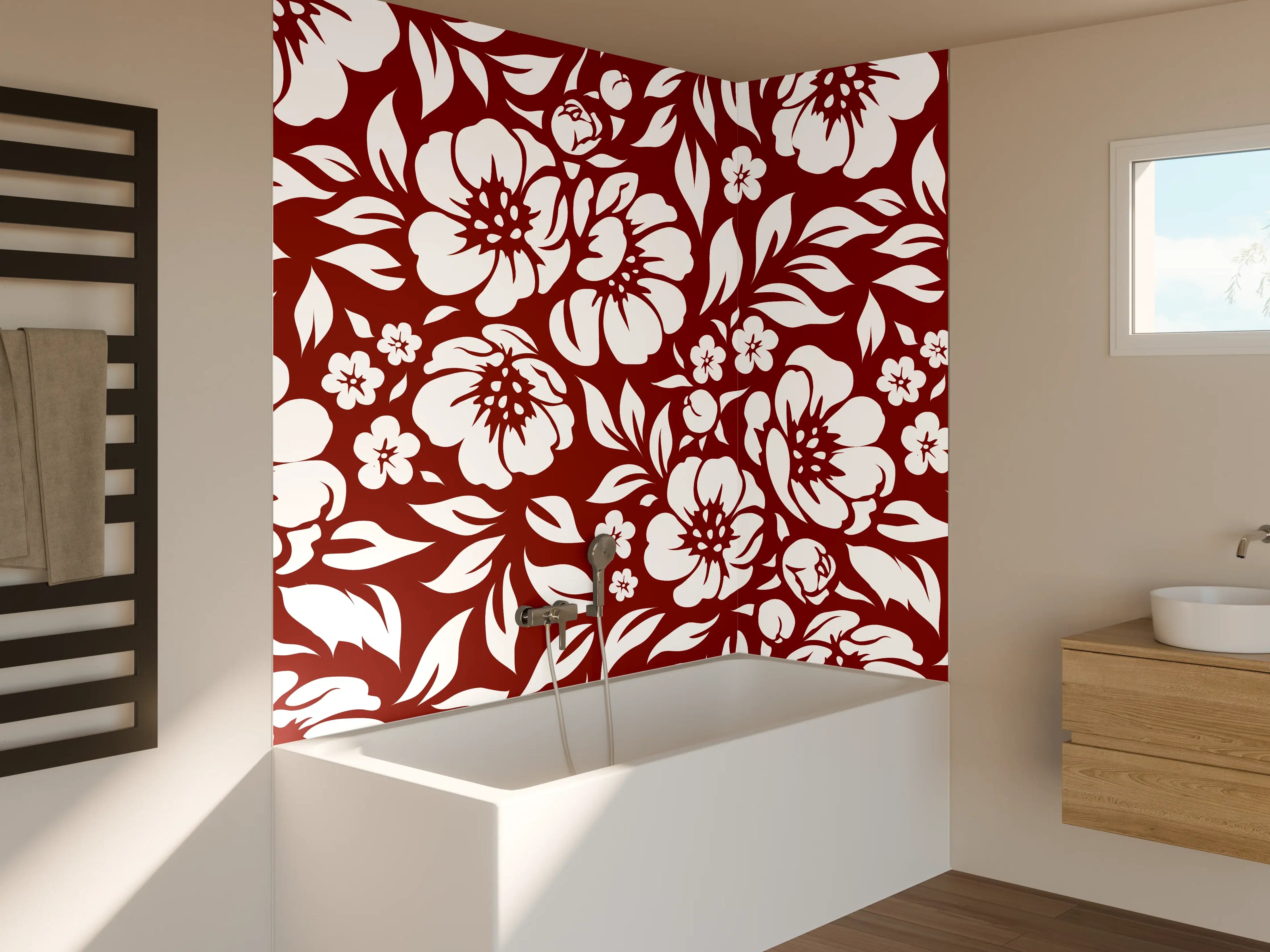 Badewannen-Rückwand - Blumenmuster in kräftigem Rot auf Weiß