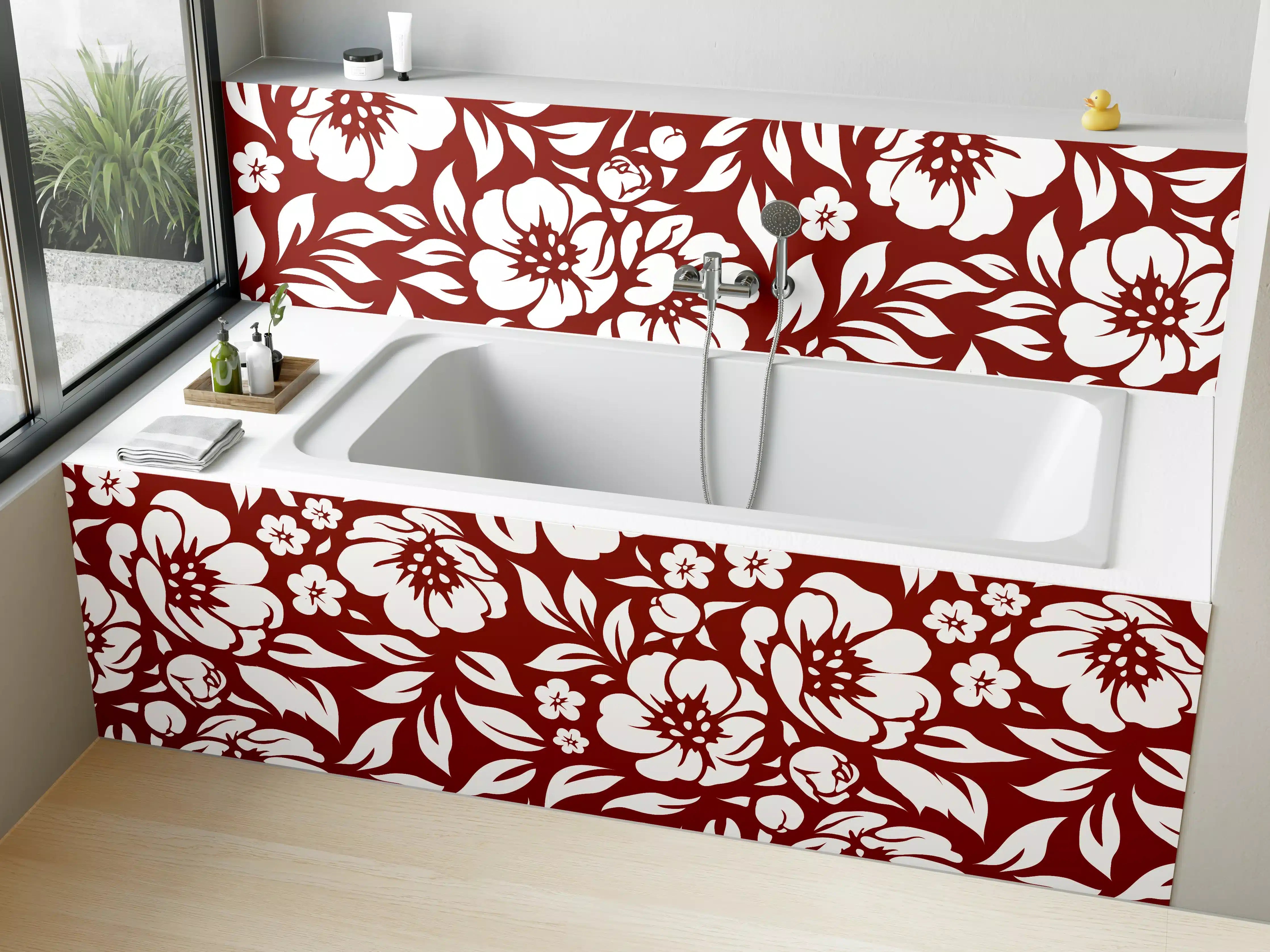 Badewannen-Rückwand - Blumenmuster in kräftigem Rot auf Weiß