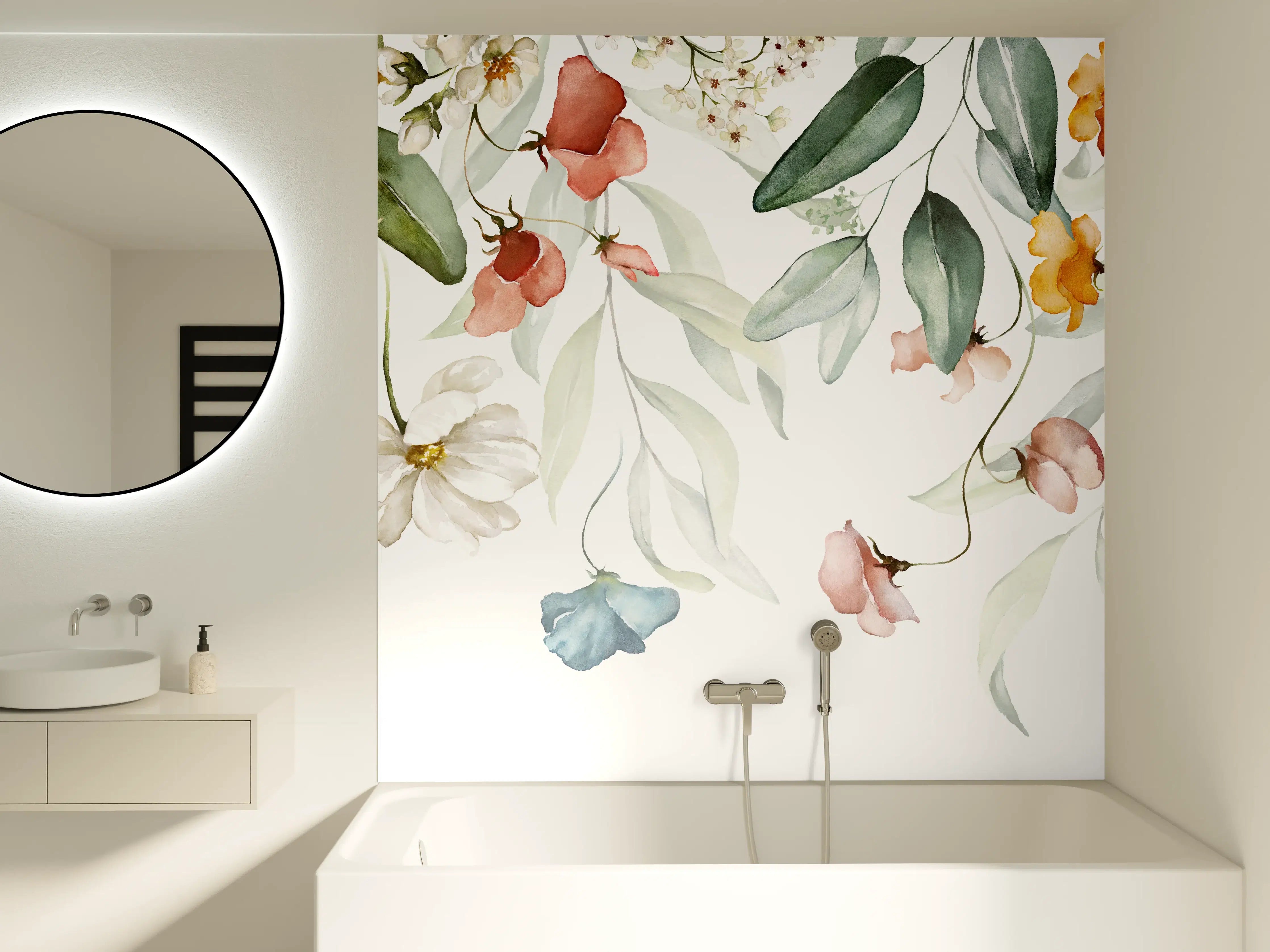 Badewannen-Rückwand - Blumenstrauß-Bordüre auf weißem Grund