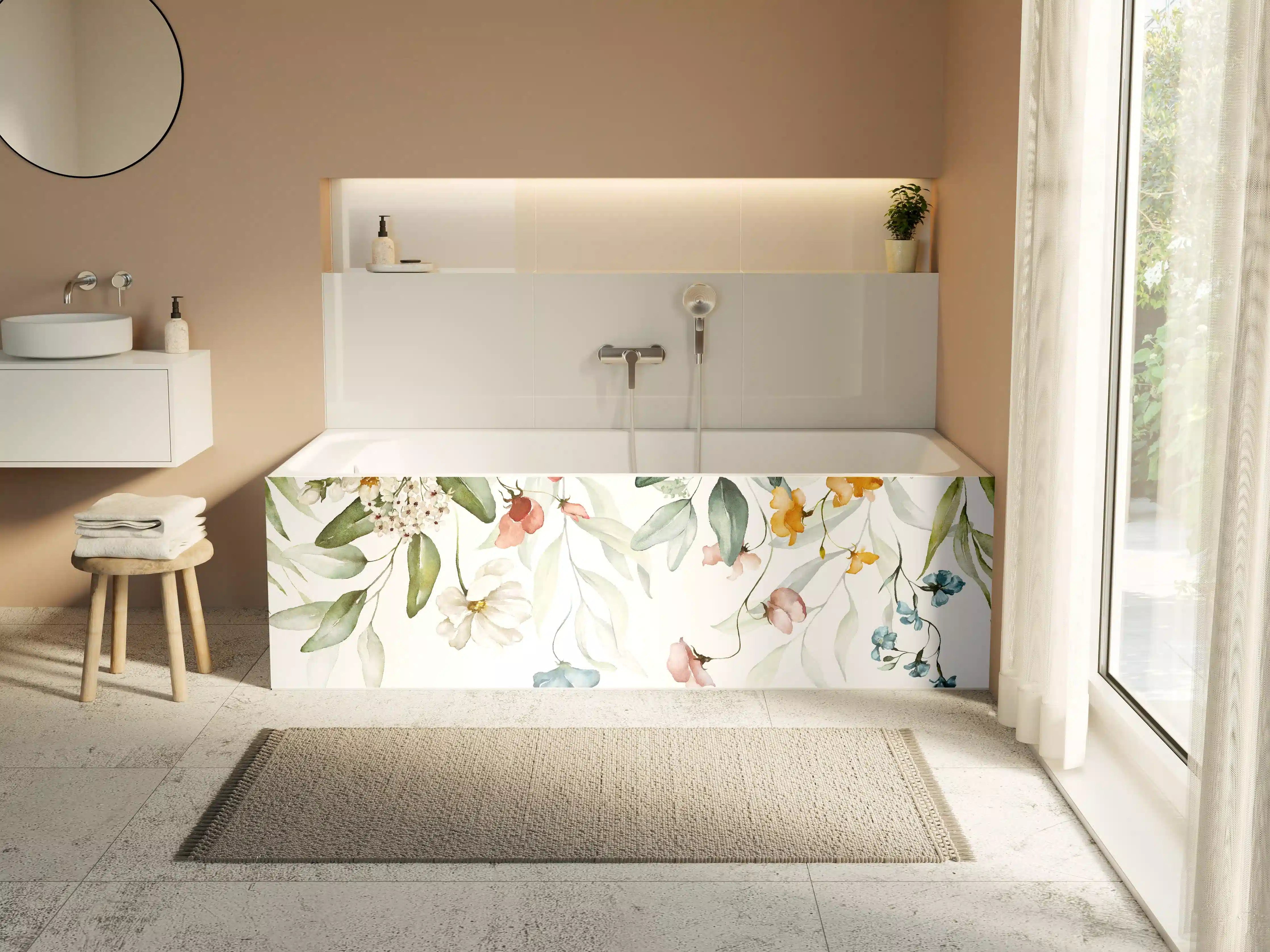 Badewannen-Rückwand - Blumenstrauß-Bordüre auf weißem Grund