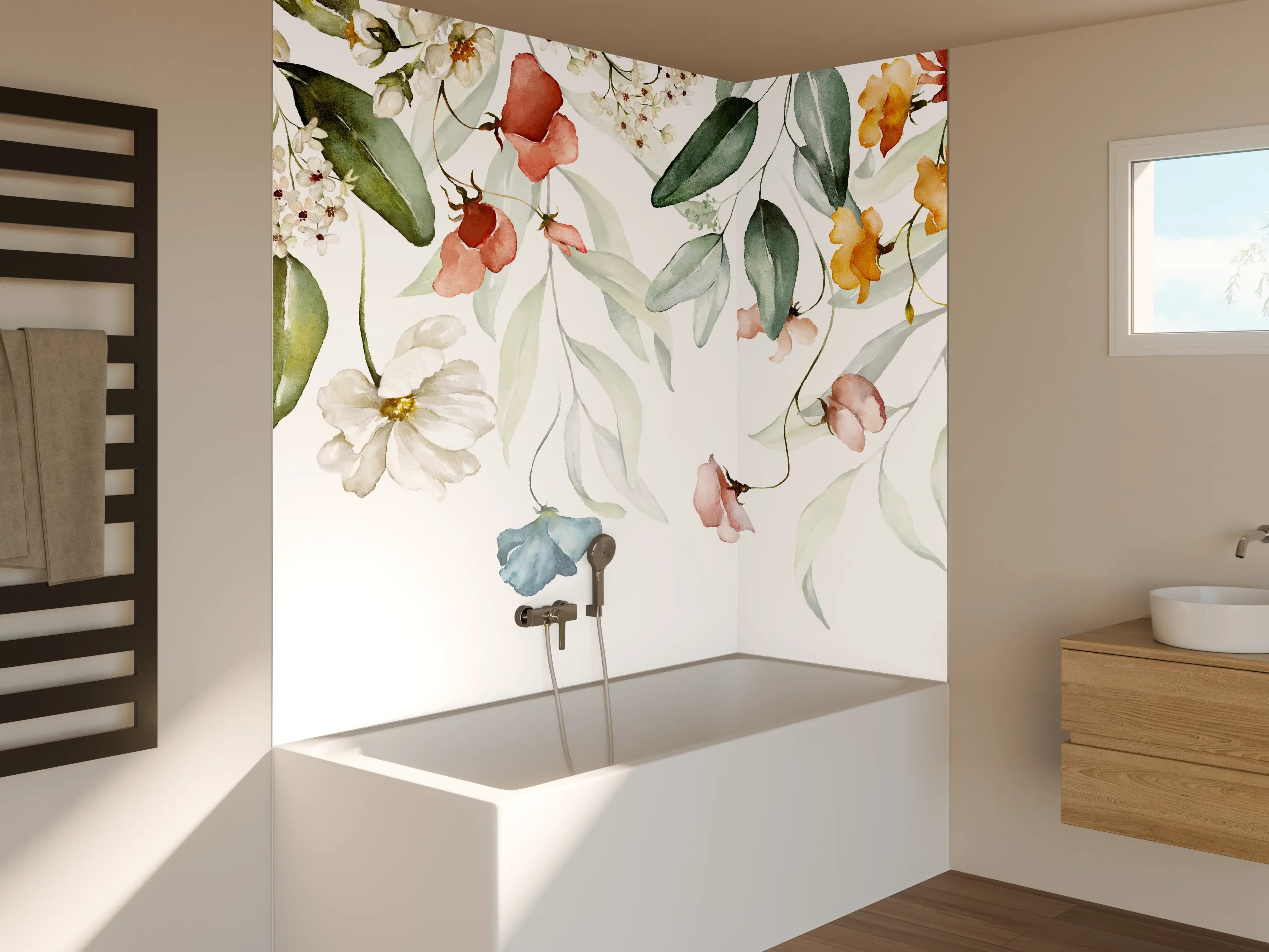 Badewannen-Rückwand - Blumenstrauß-Bordüre auf weißem Grund