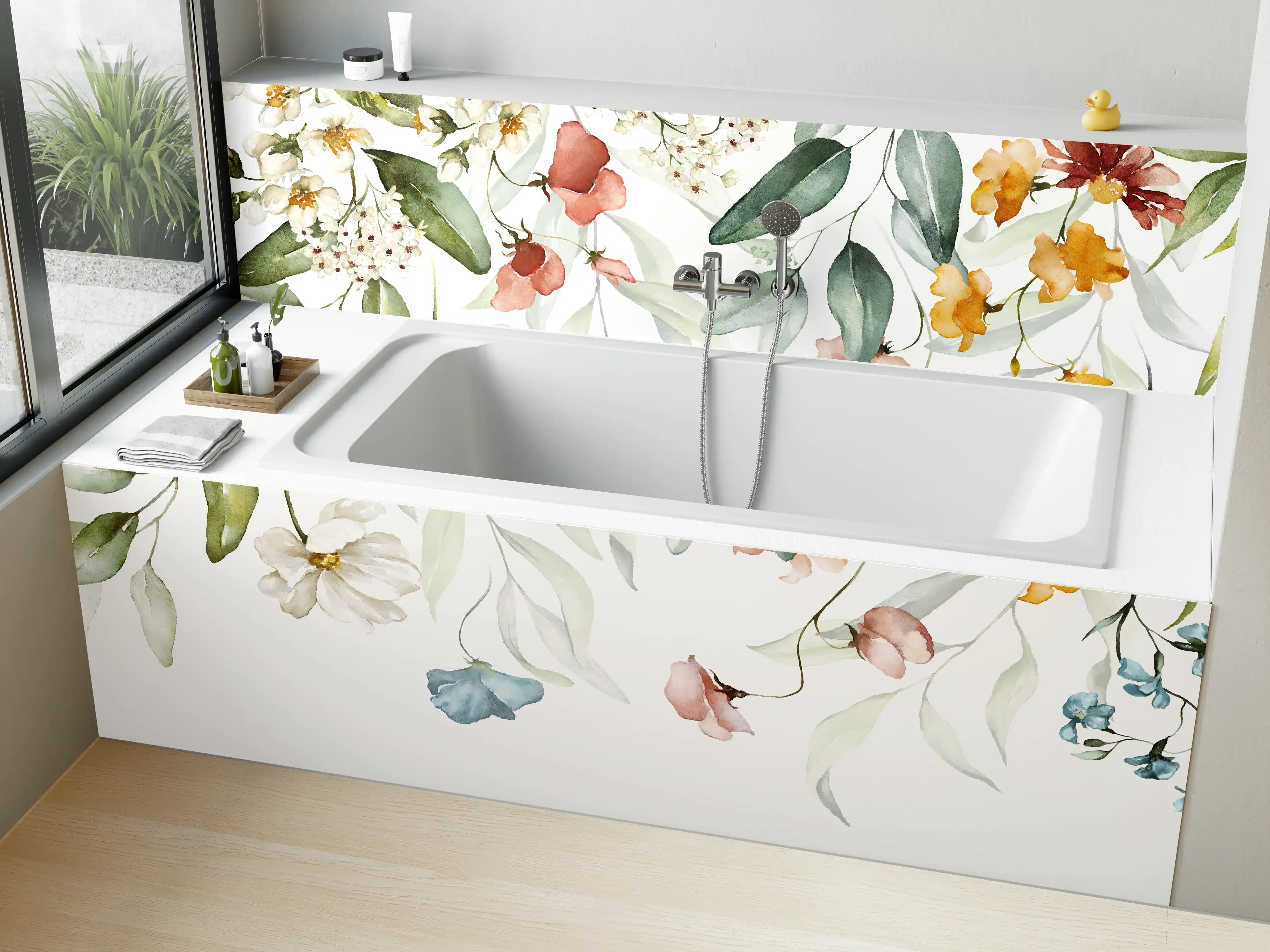 Badewannen-Rückwand - Blumenstrauß-Bordüre auf weißem Grund
