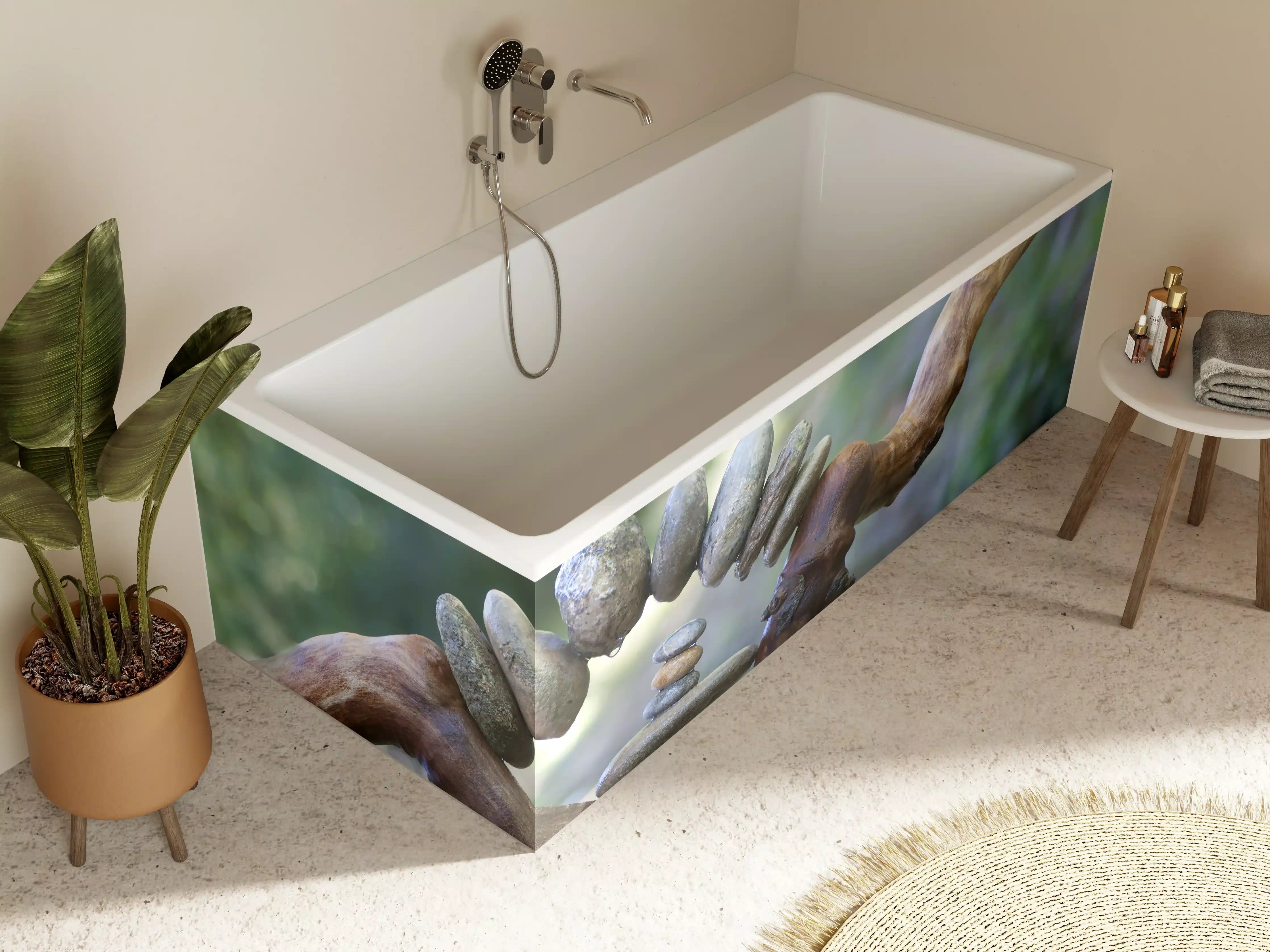 Badewannen-Rückwand - Bogen aus Steinen und Holz auf dem Wasser 