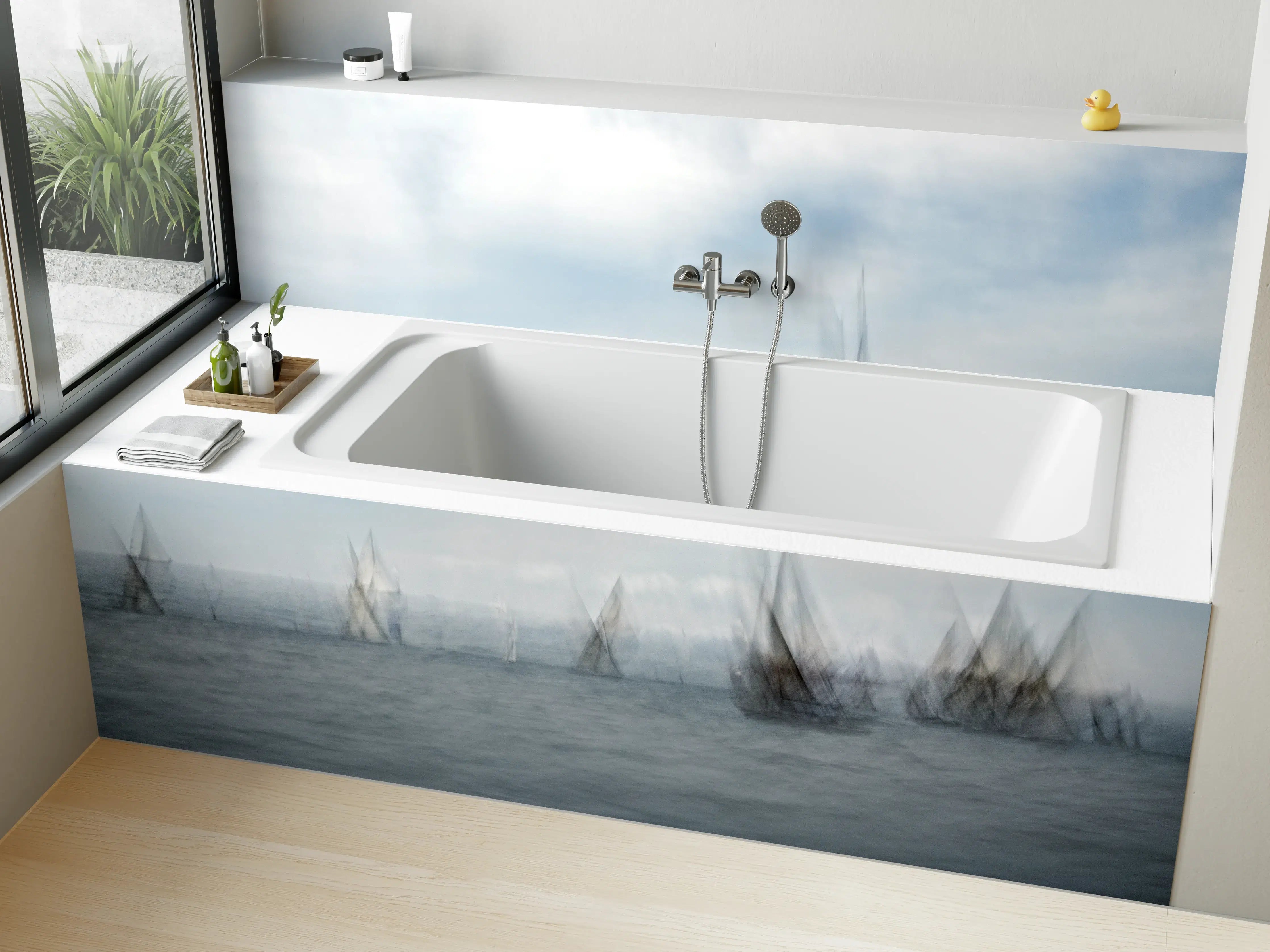 Badewannen-Rückwand - Boote im Meer - Unscharf