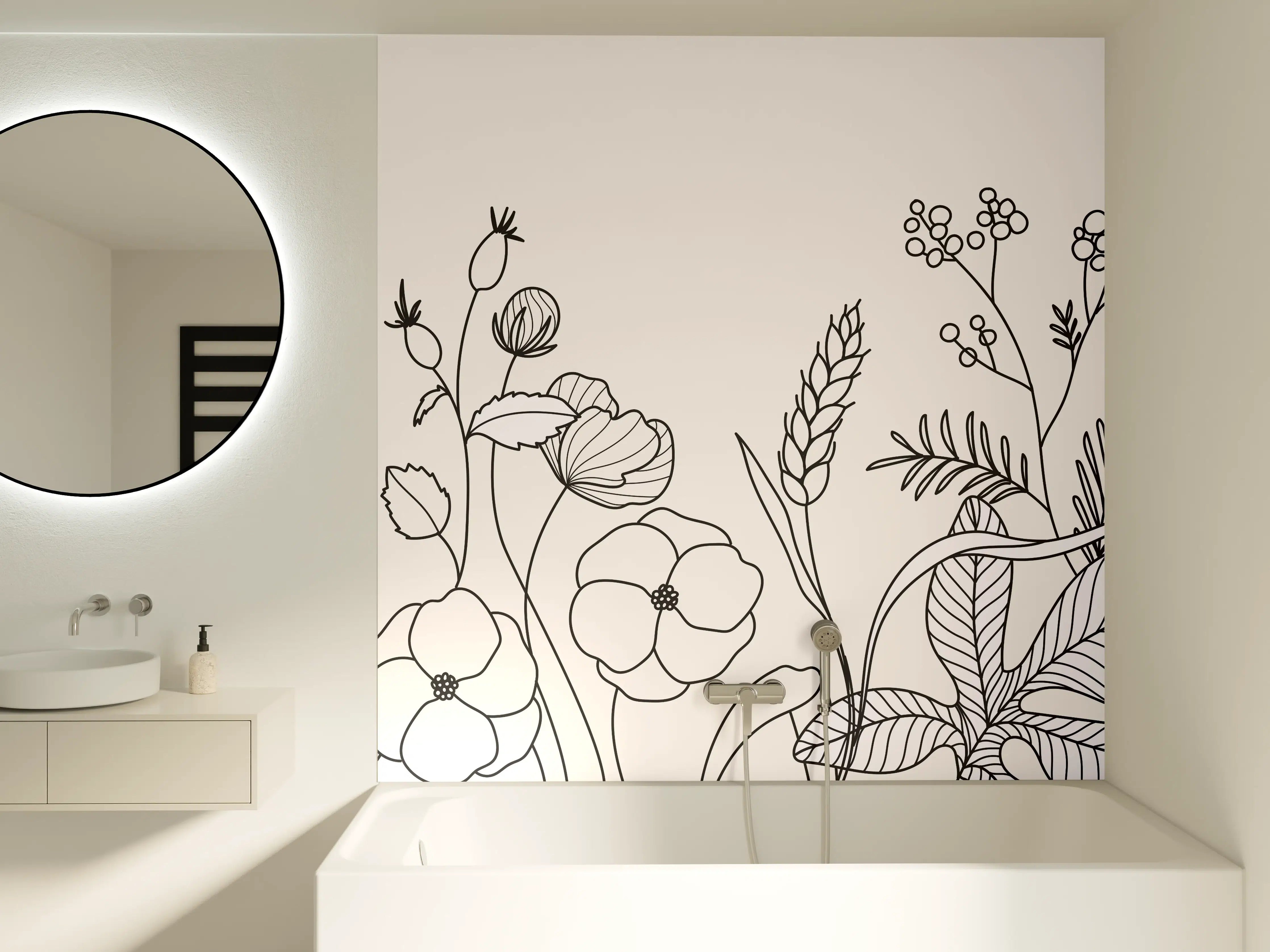Badewannen-Rückwand - Botanische Linienzeichnung