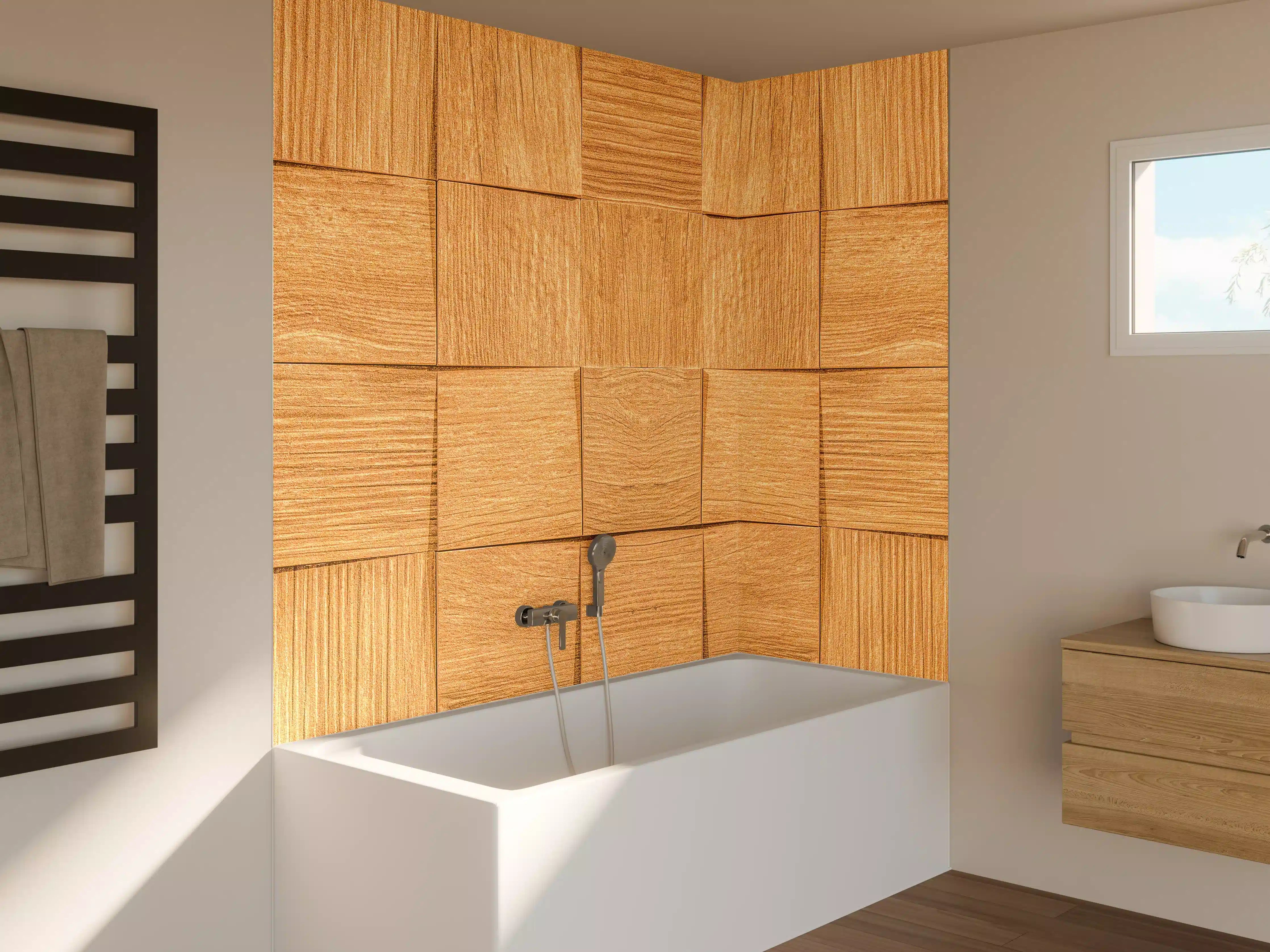 Badewannen-Rückwand - Braune Holzwürfeltextur