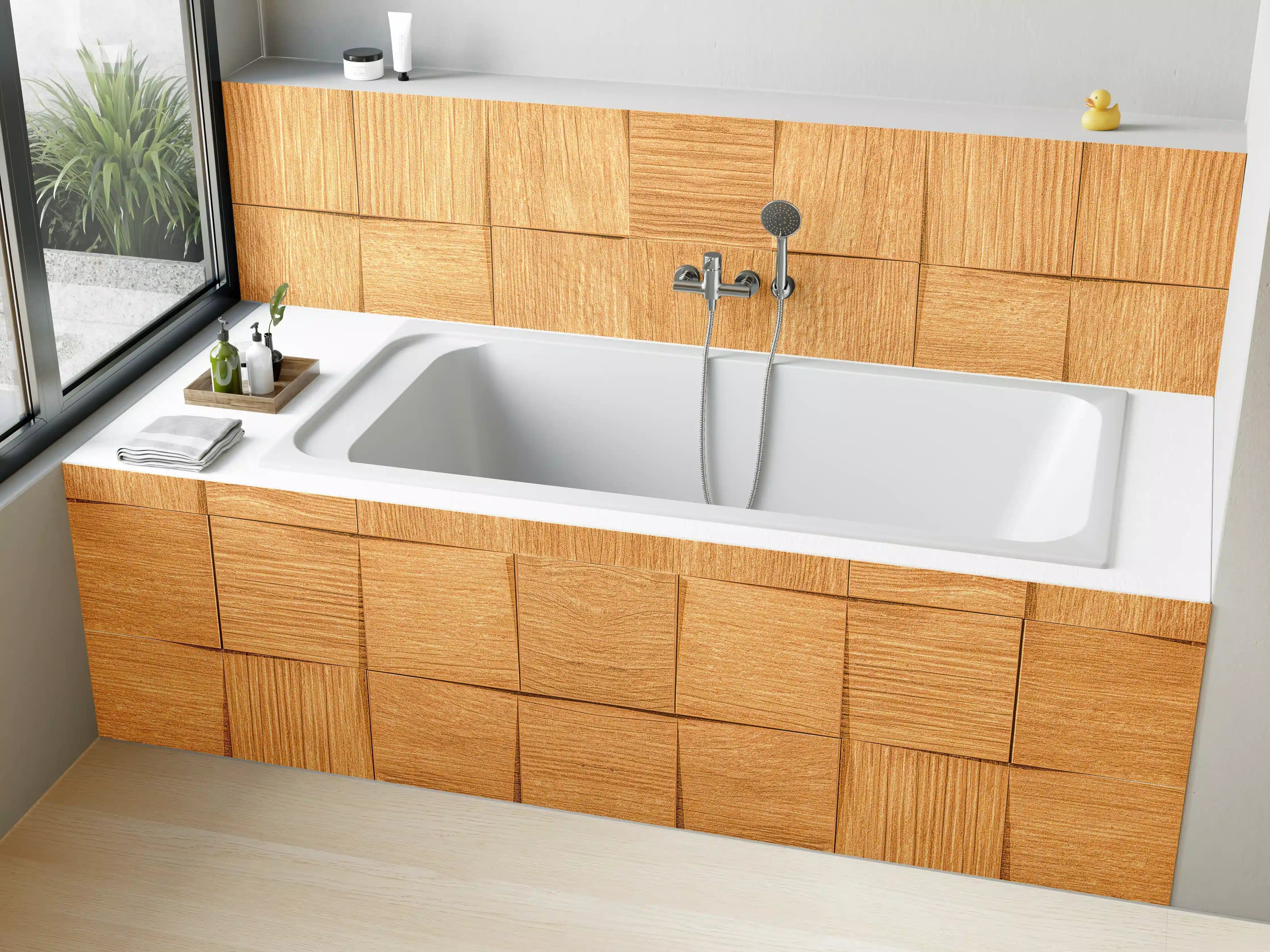 Badewannen-Rückwand - Braune Holzwürfeltextur