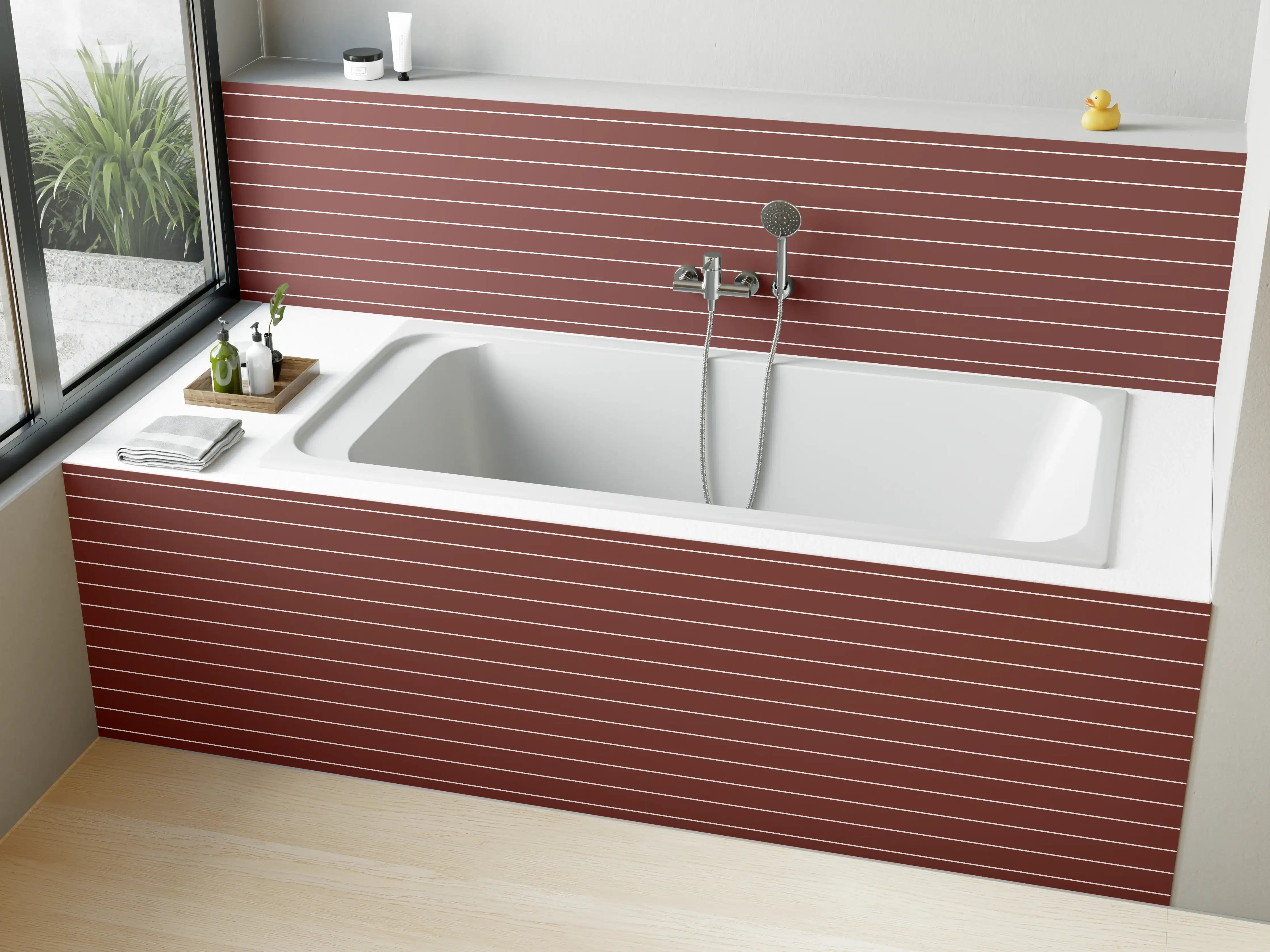 Badewannen-Rückwand - Braune Streifenwand mit weißen Linien