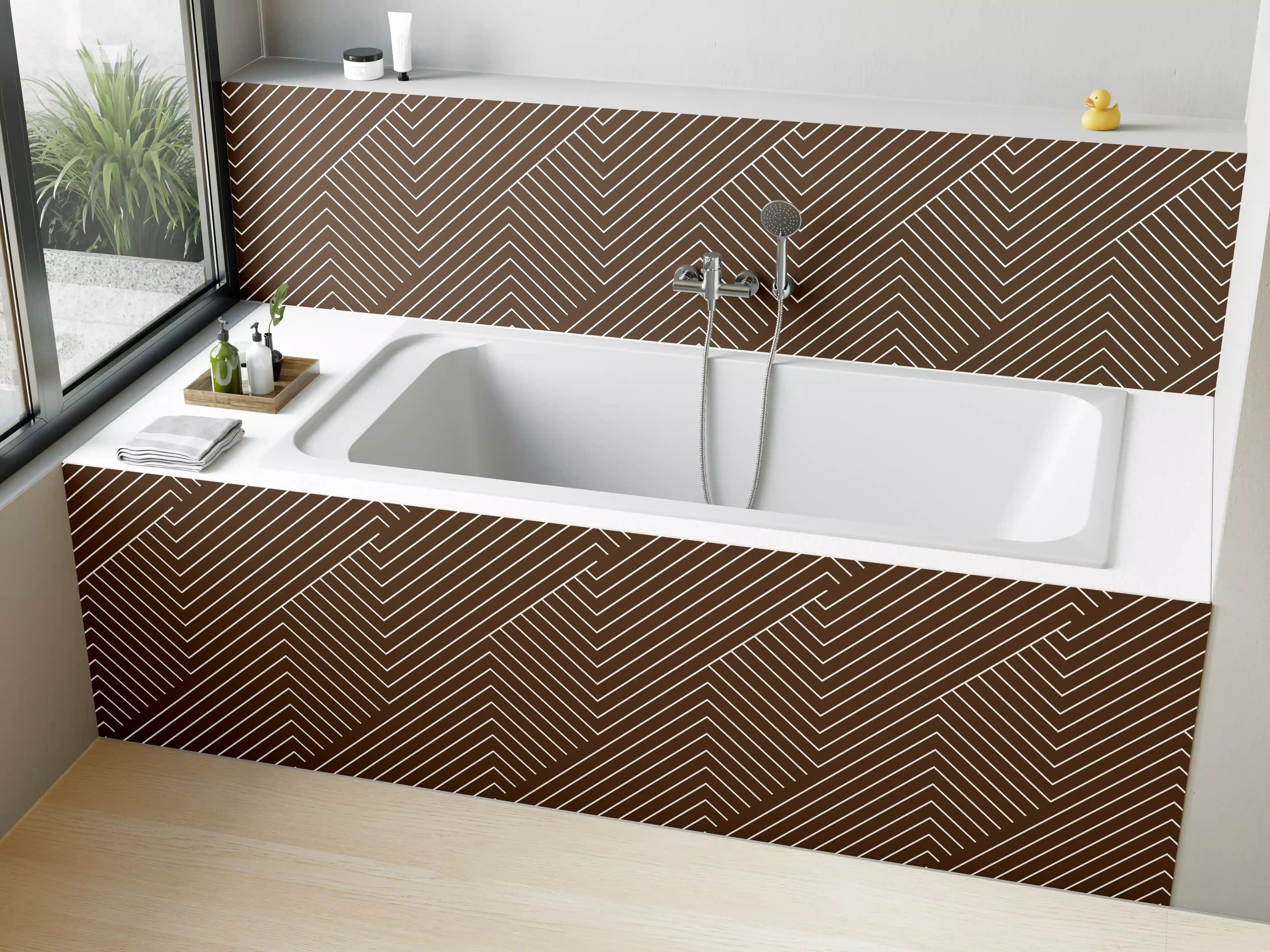 Badewannen-Rückwand - Braune geometrische Linienmuster mit weißen Akzenten