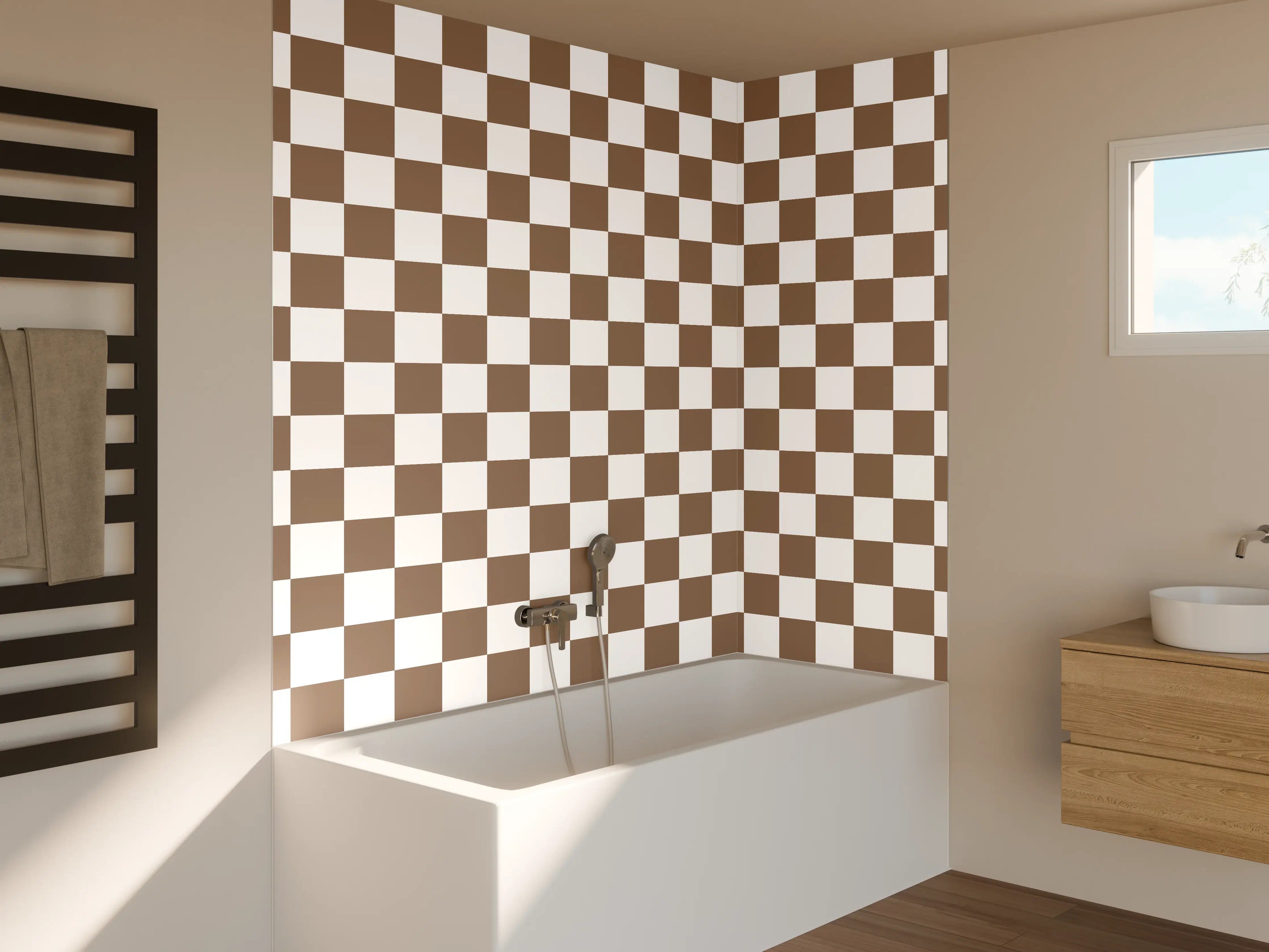 Badewannen-Rückwand - Braune und helle kariert Muster-Fliese