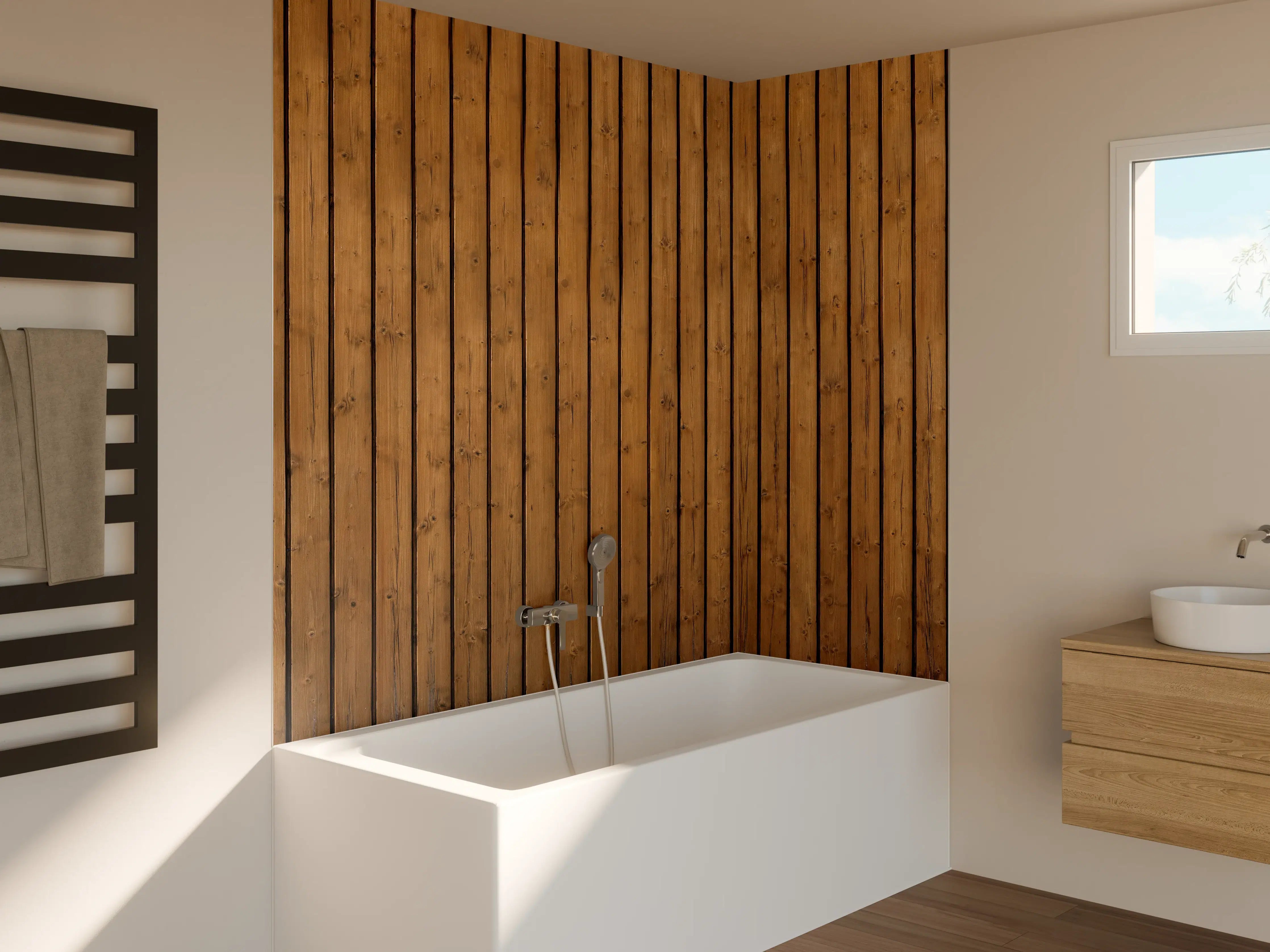 Badewannen-Rückwand - Braune vertikale Holzdielen