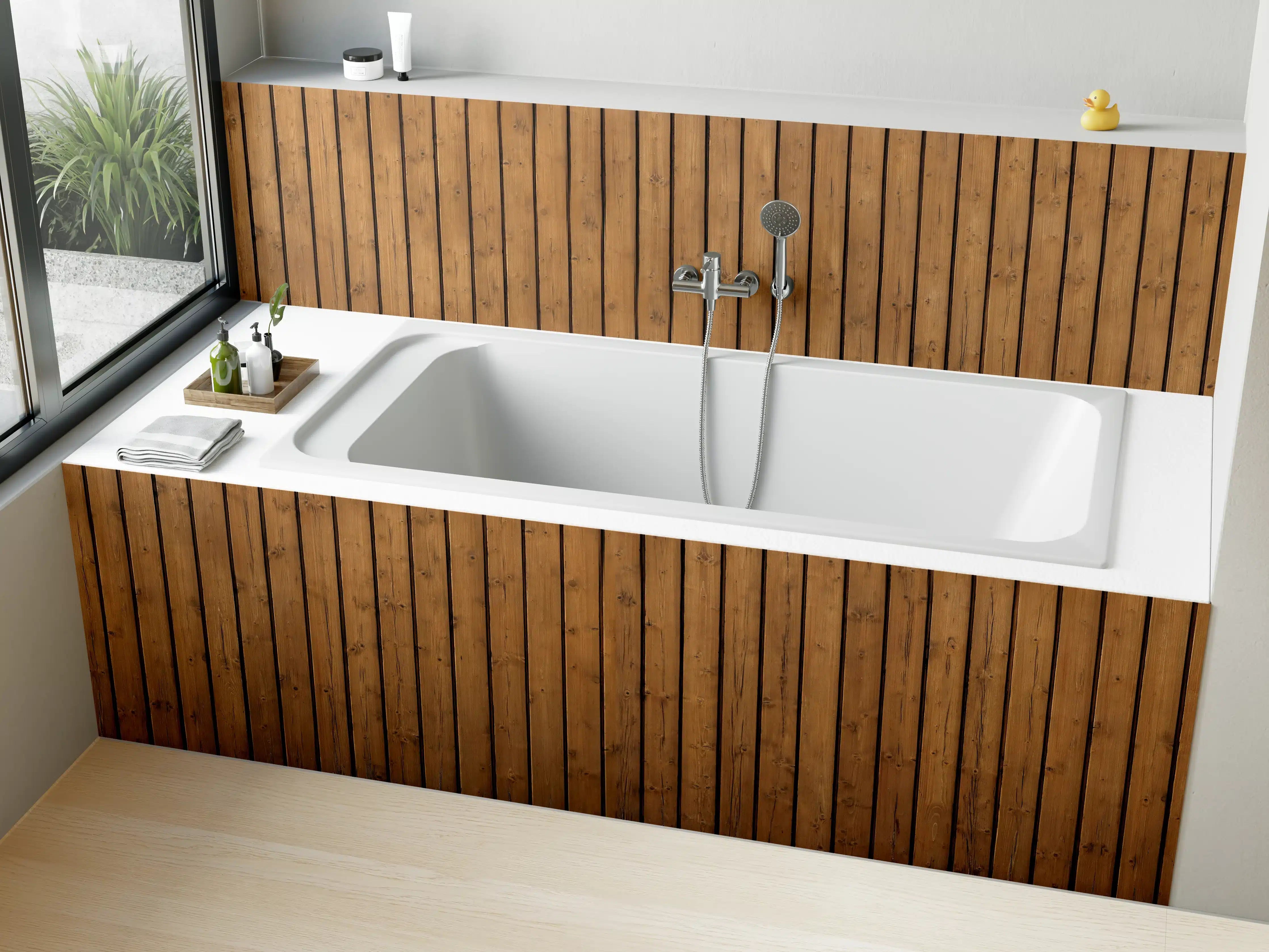 Badewannen-Rückwand - Braune vertikale Holzdielen