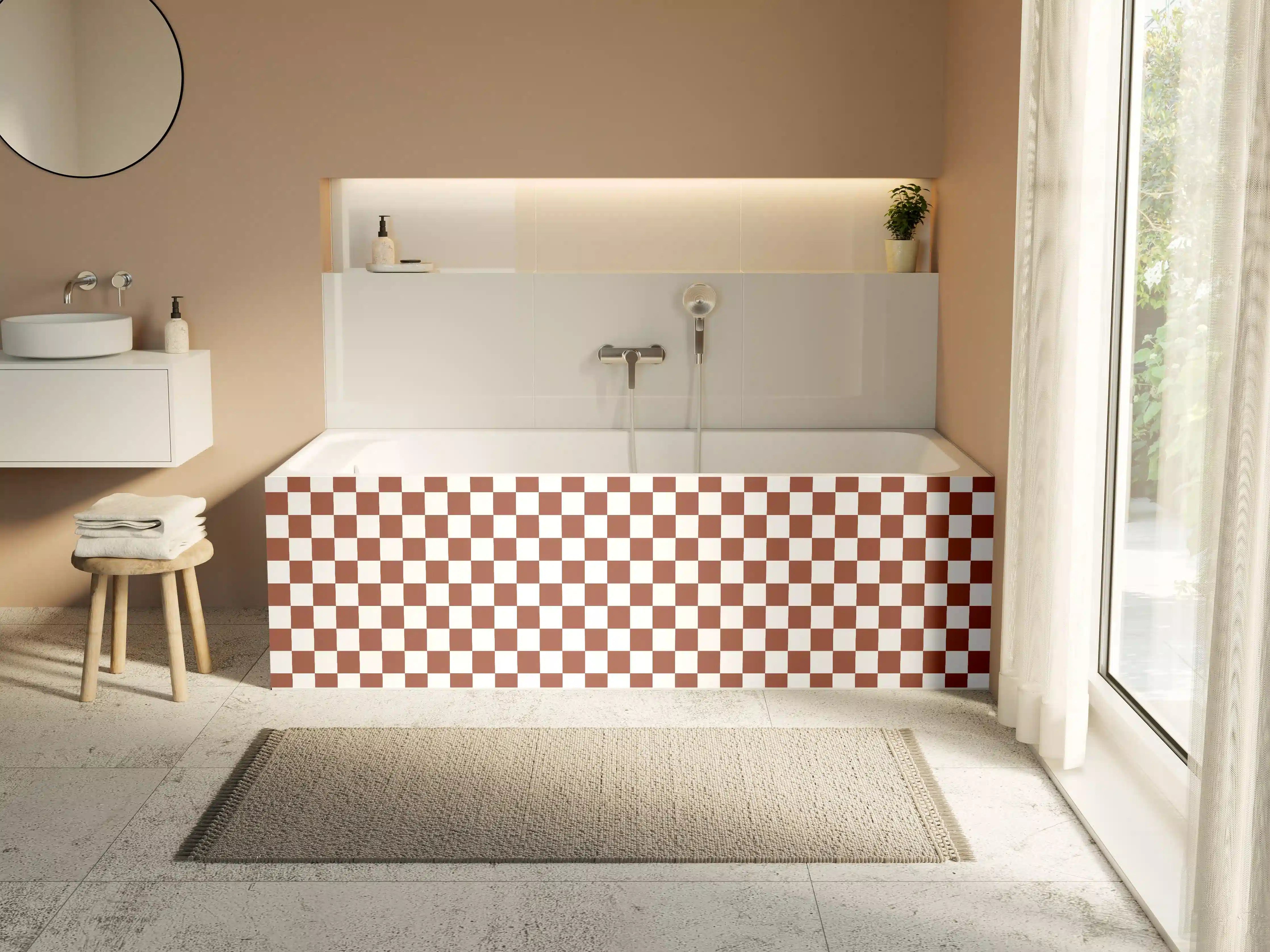 Badewannen-Rückwand - Braunes Kachelmuster im Checkered-Design