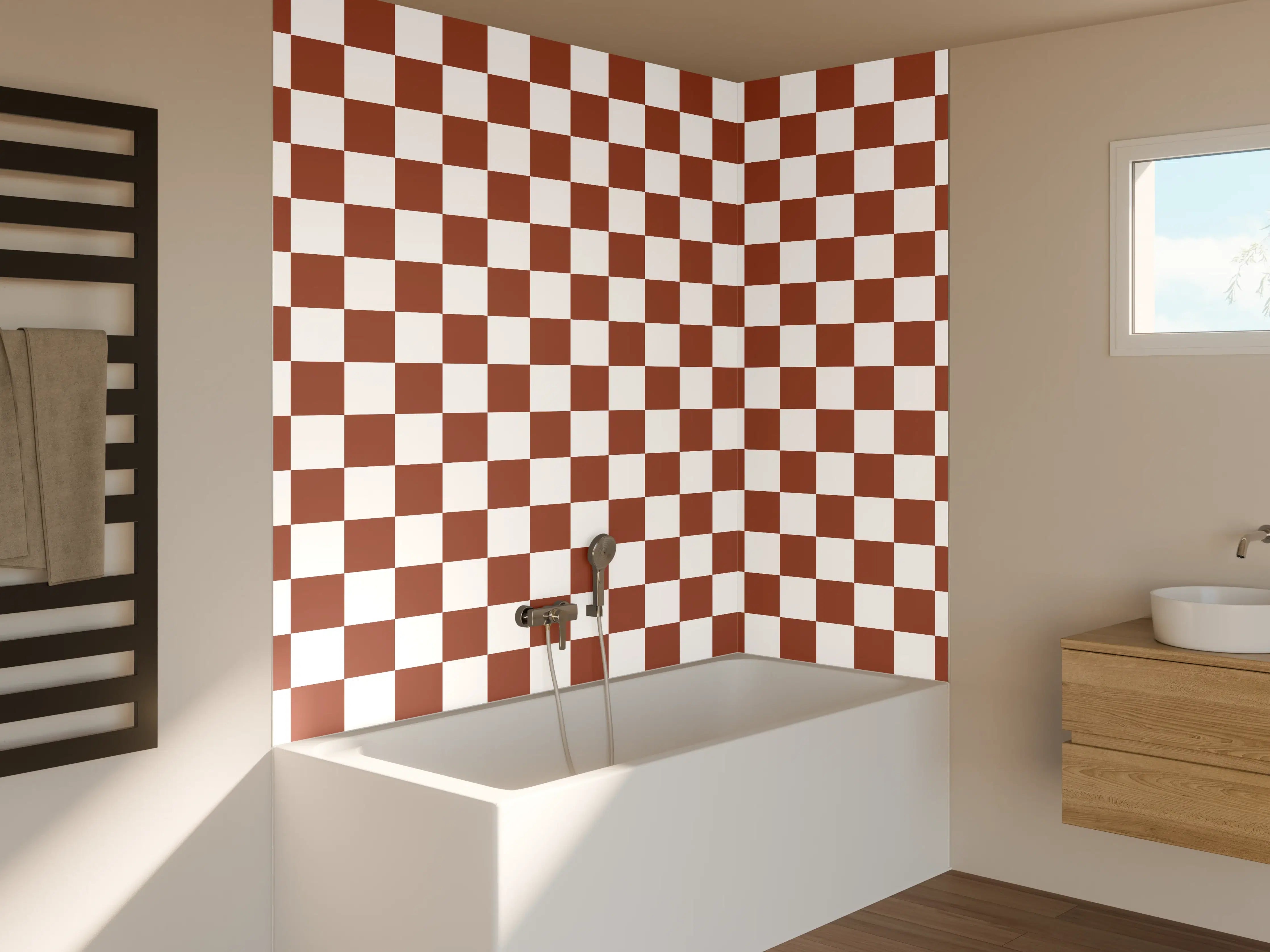 Badewannen-Rückwand - Braunes Kachelmuster im Checkered-Design