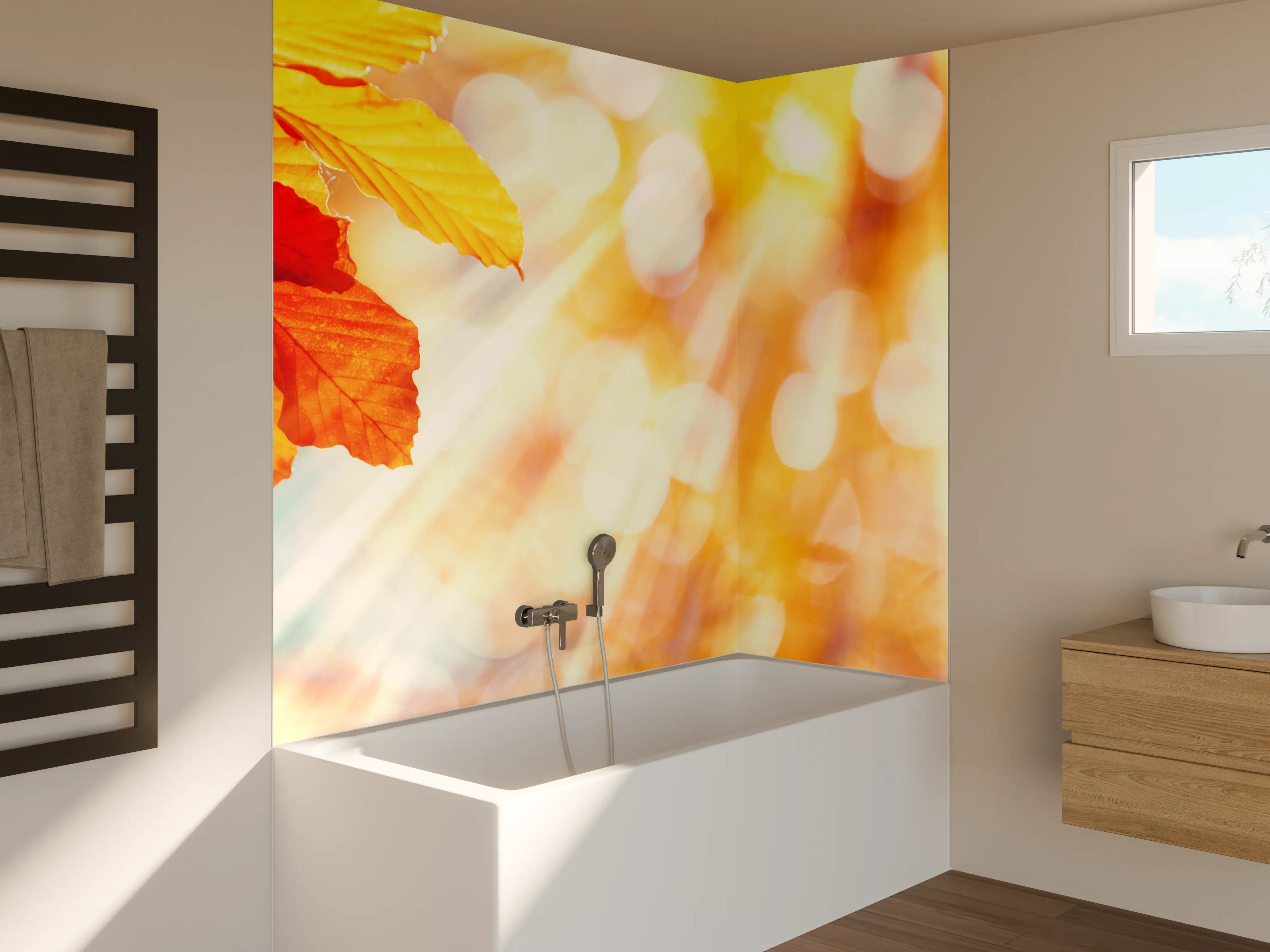 Badewannen-Rückwand - Buchenblätter im Sonnenschein 