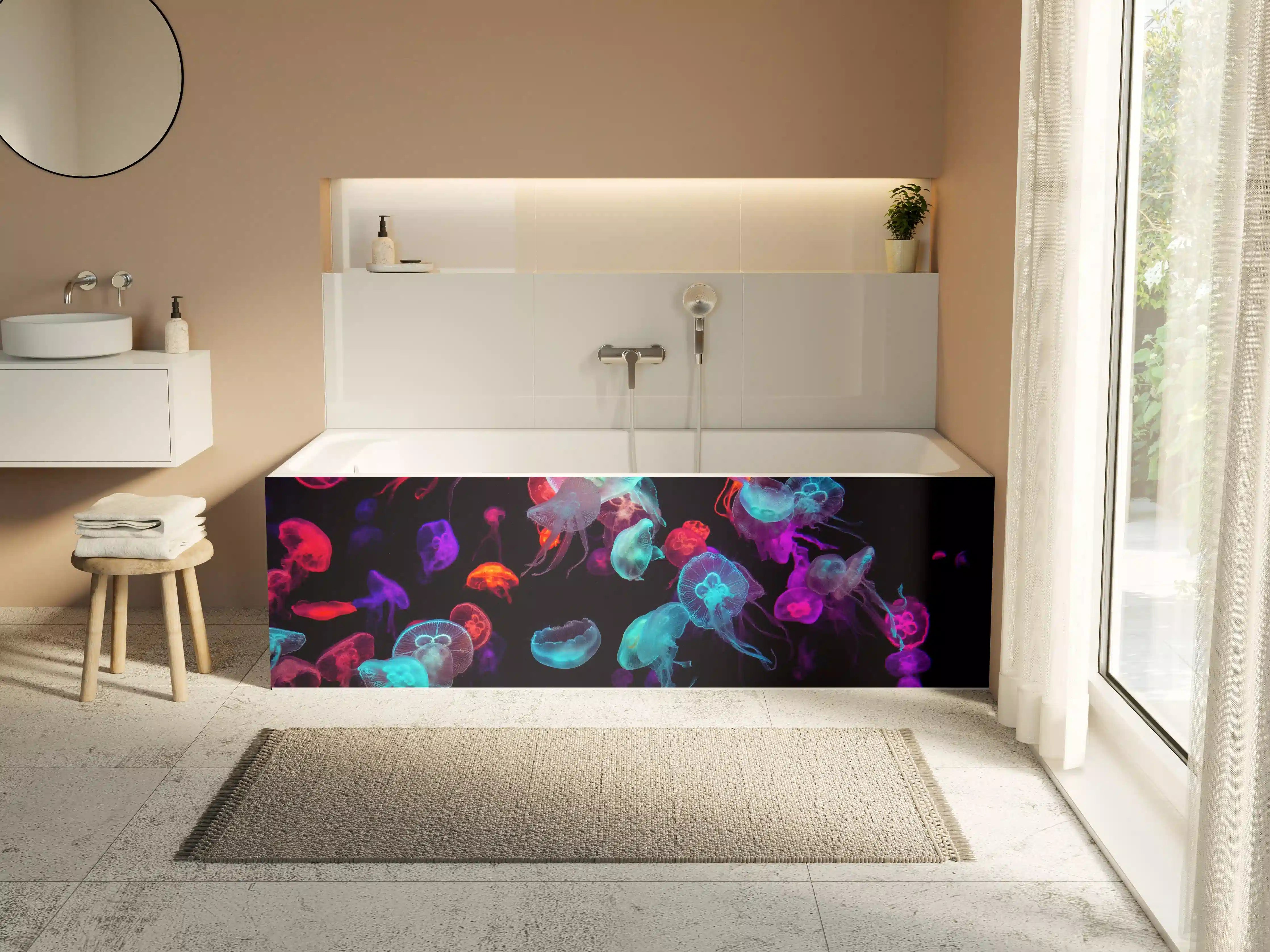 Badewannen-Rückwand - Bunt strahlende Quallen unter Wasser