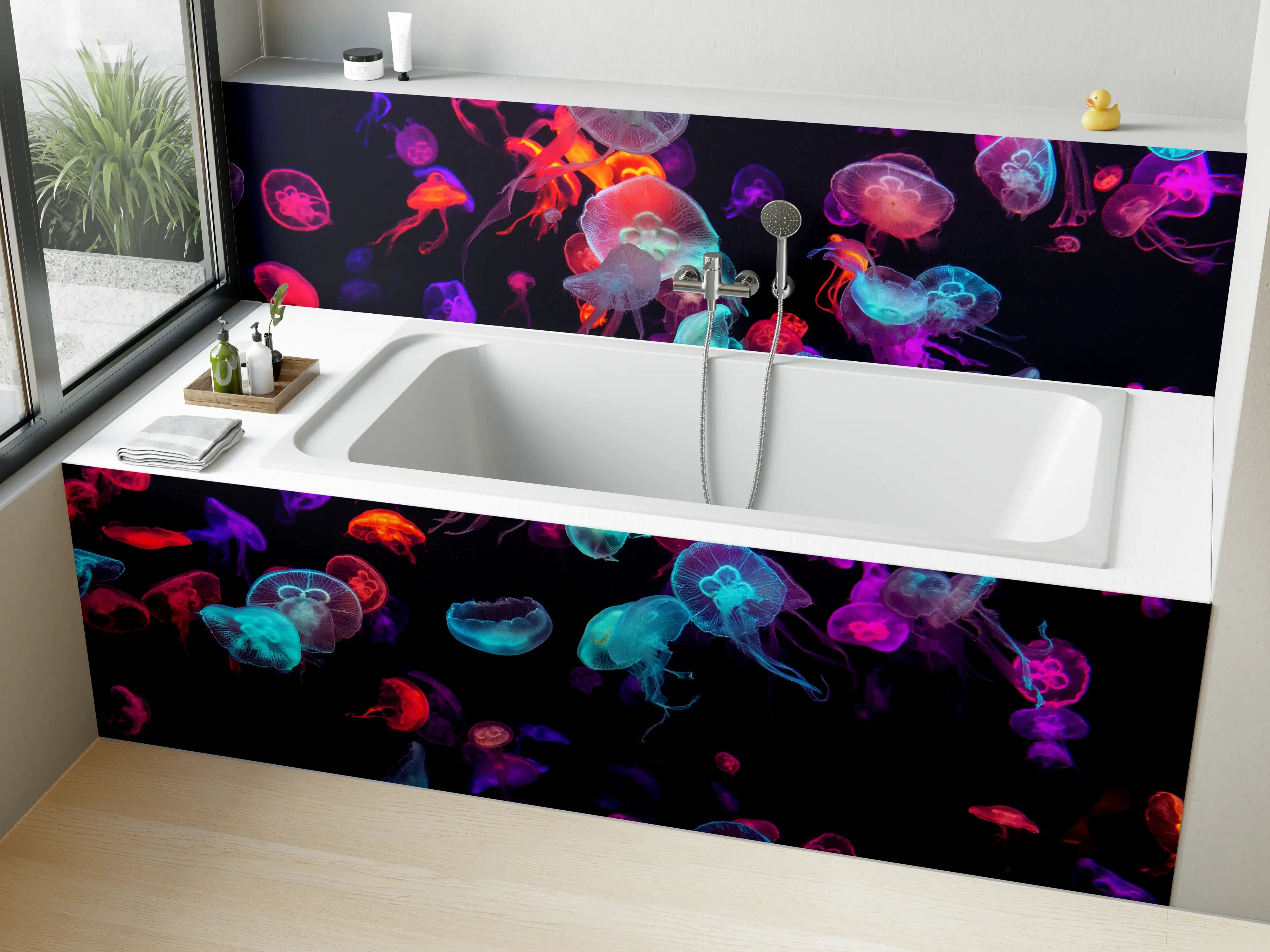 Badewannen-Rückwand - Bunt strahlende Quallen unter Wasser