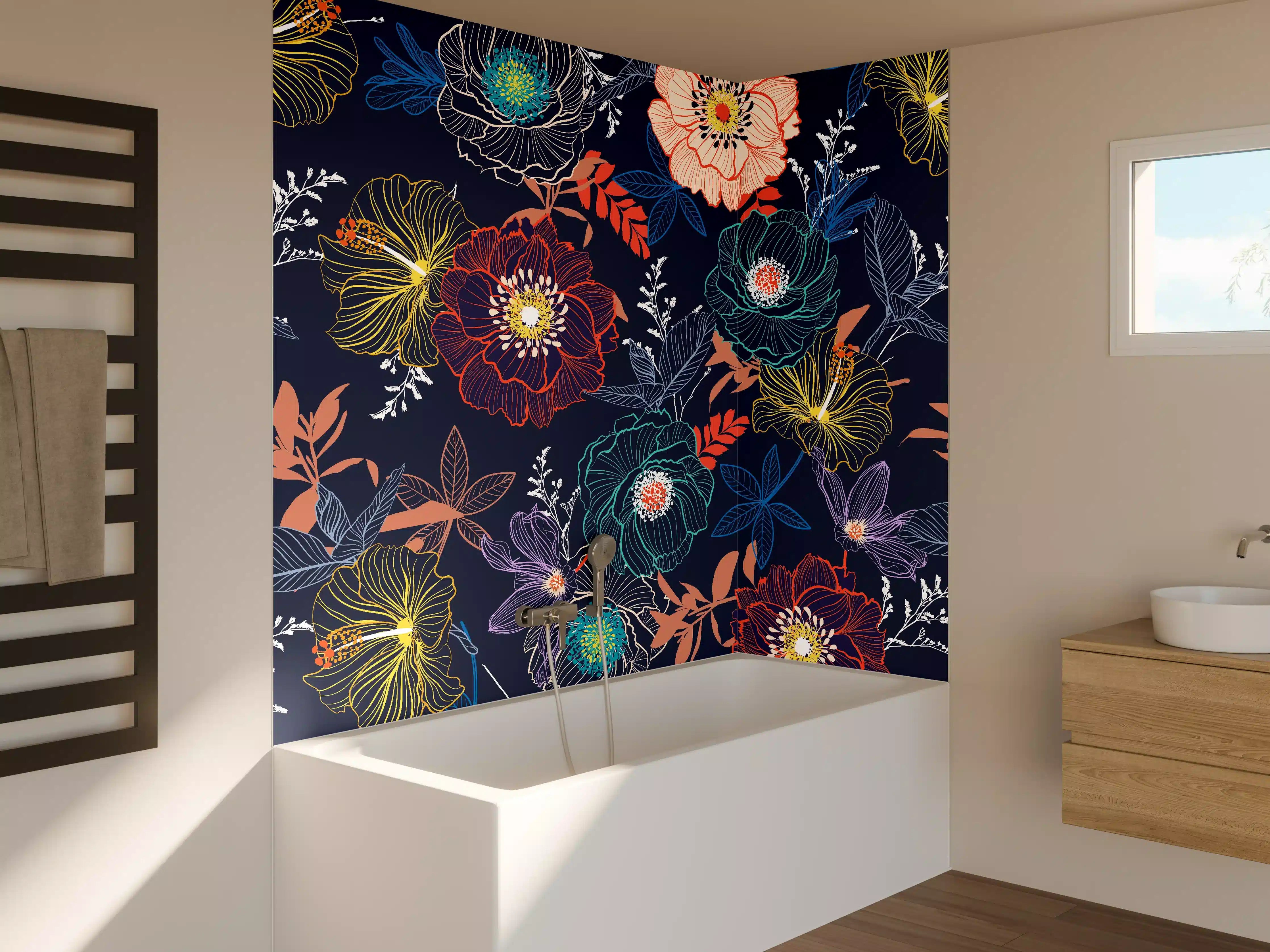 Badewannen-Rückwand - Bunte Blumen Nachtgarten Muster