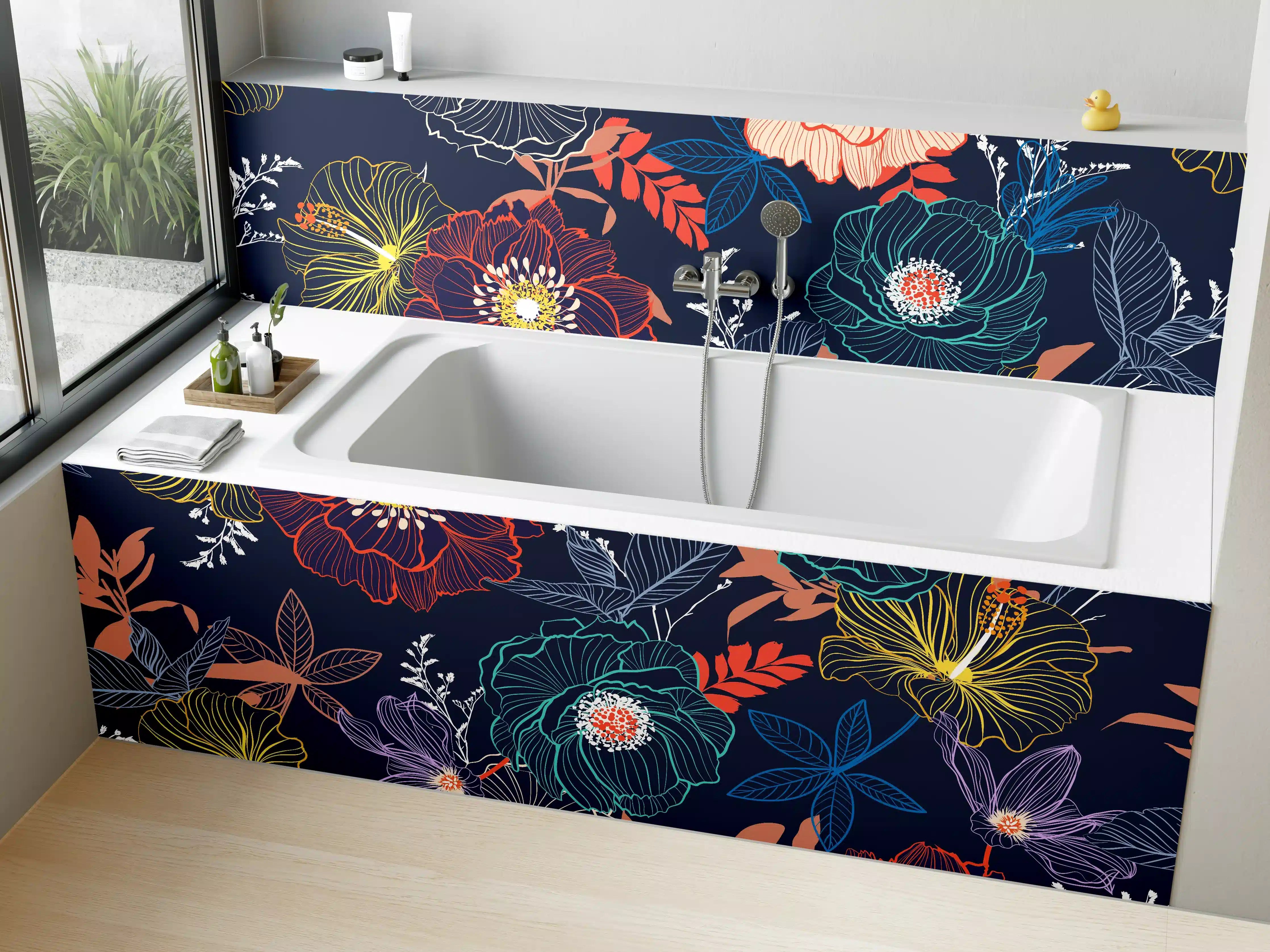 Badewannen-Rückwand - Bunte Blumen Nachtgarten Muster