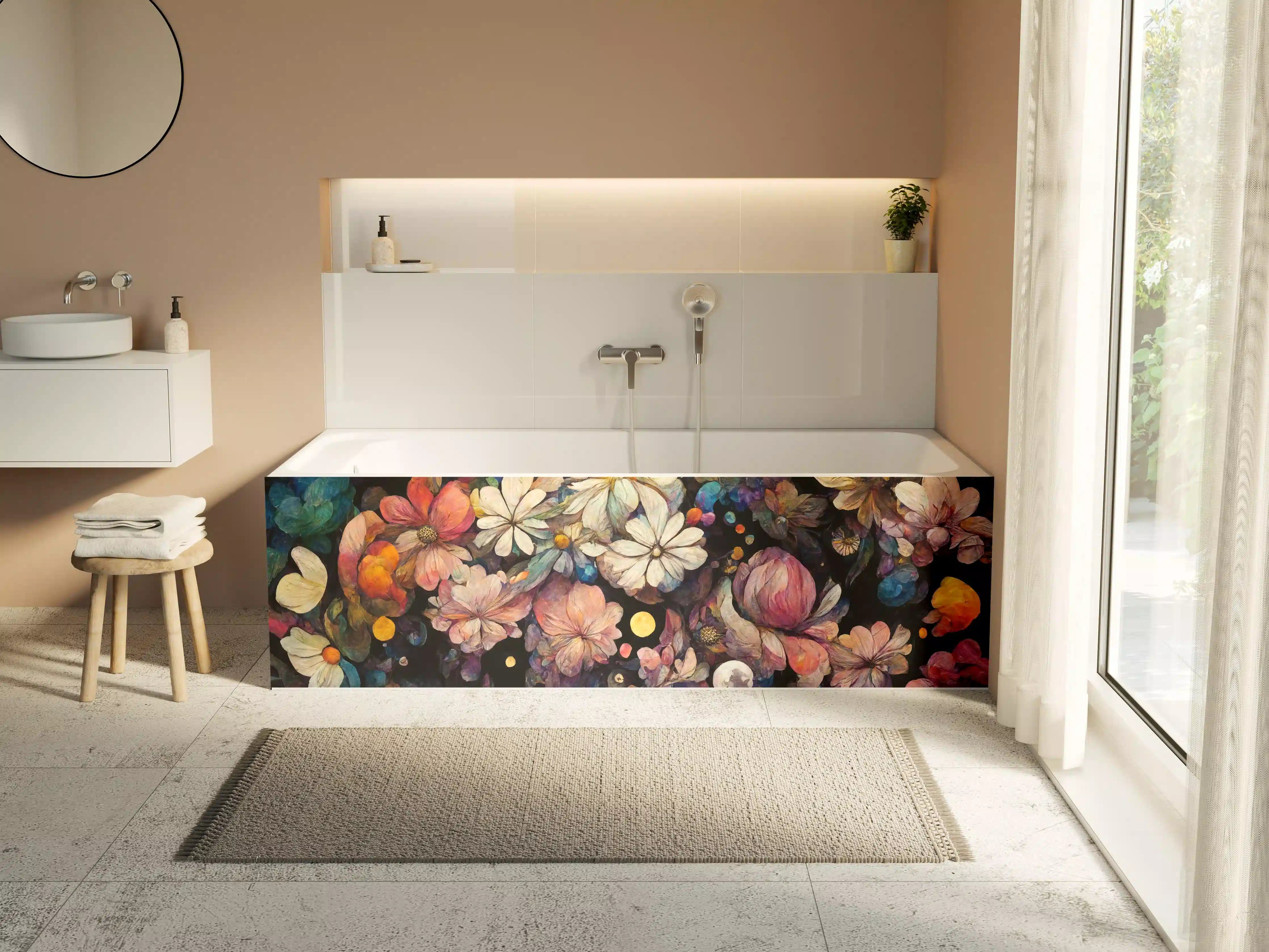 Badewannen-Rückwand - Bunte Blumen und Farbkleckse in Acryltechnik
