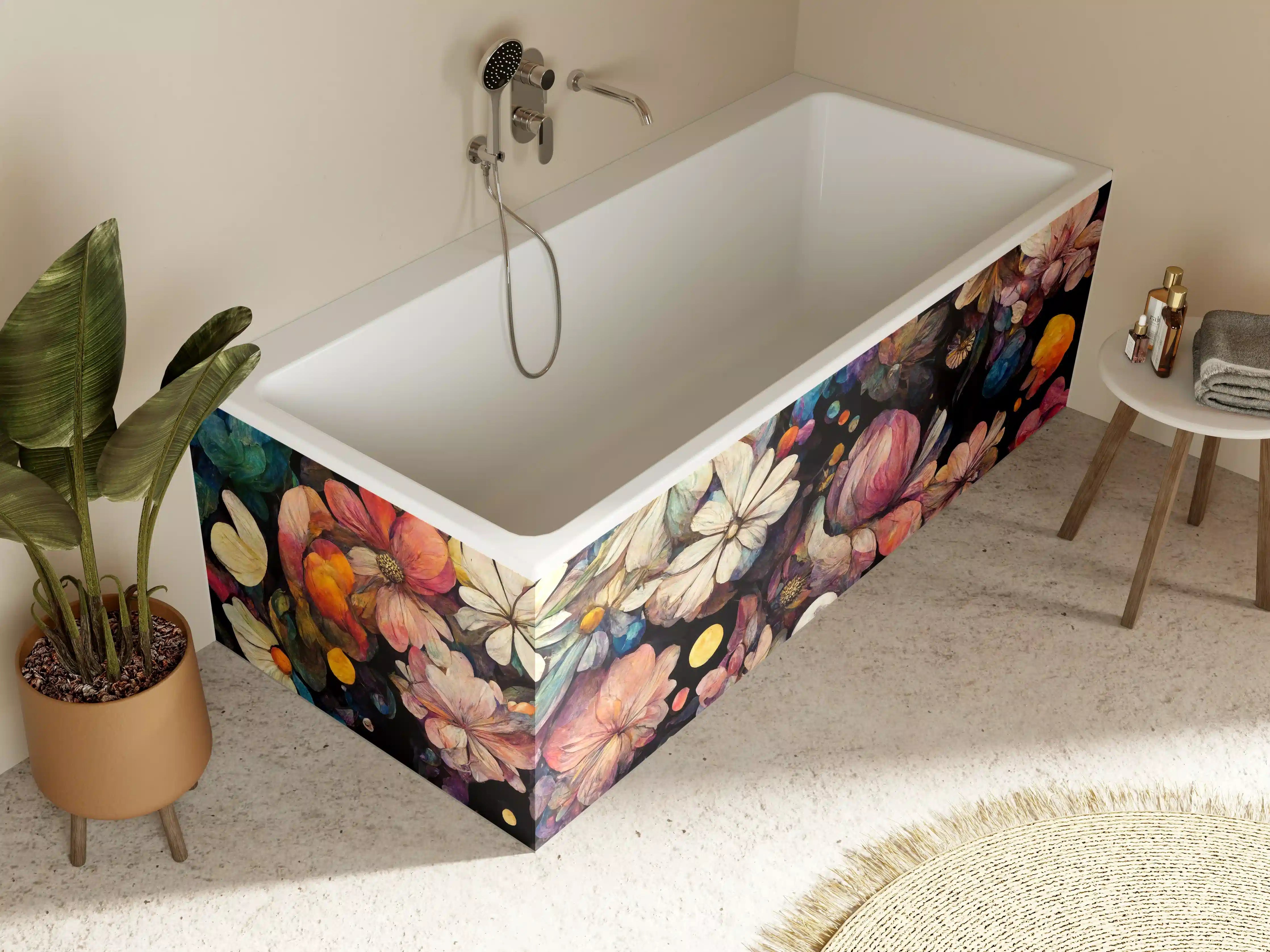 Badewannen-Rückwand - Bunte Blumen und Farbkleckse in Acryltechnik