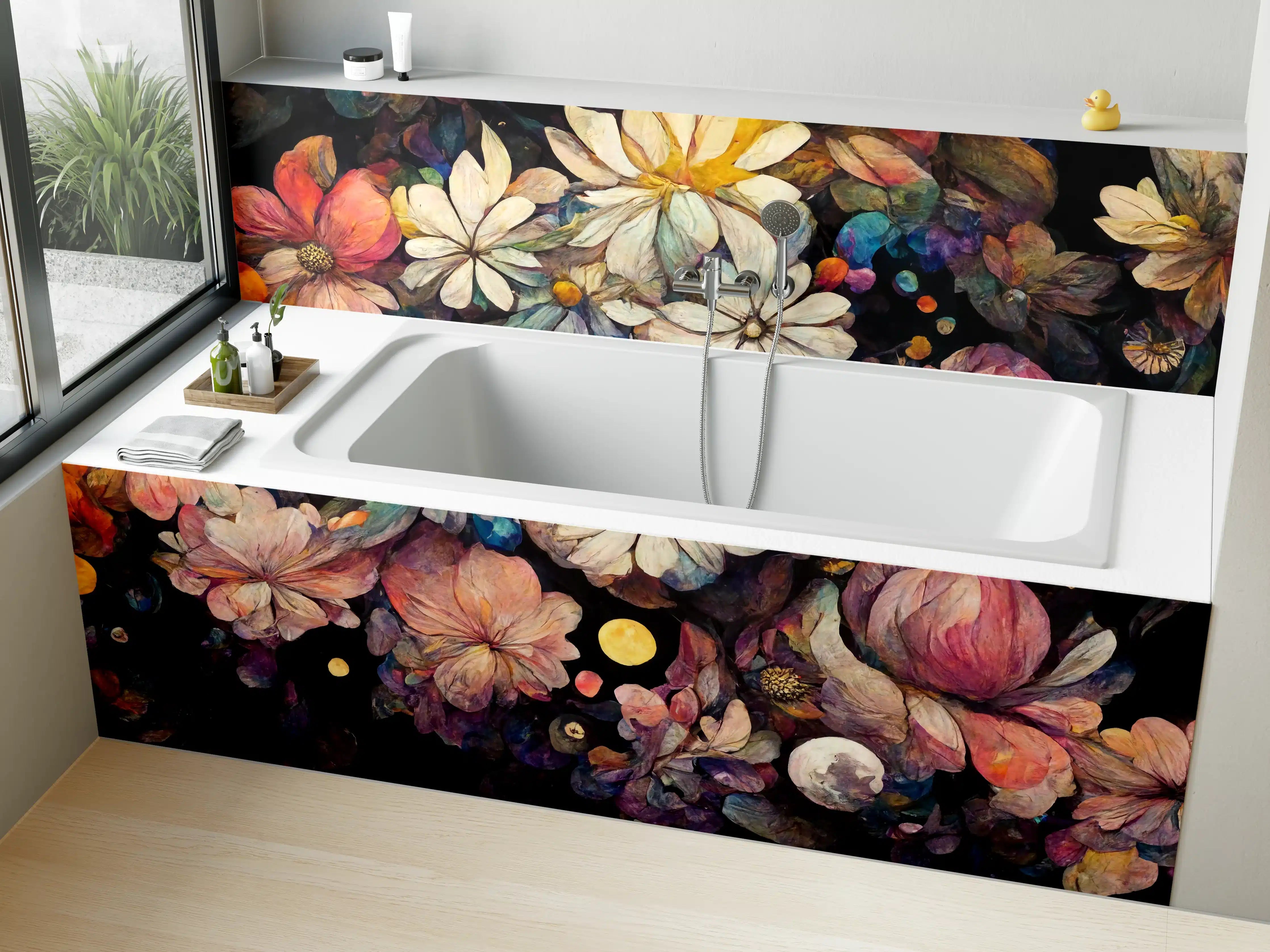 Badewannen-Rückwand - Bunte Blumen und Farbkleckse in Acryltechnik