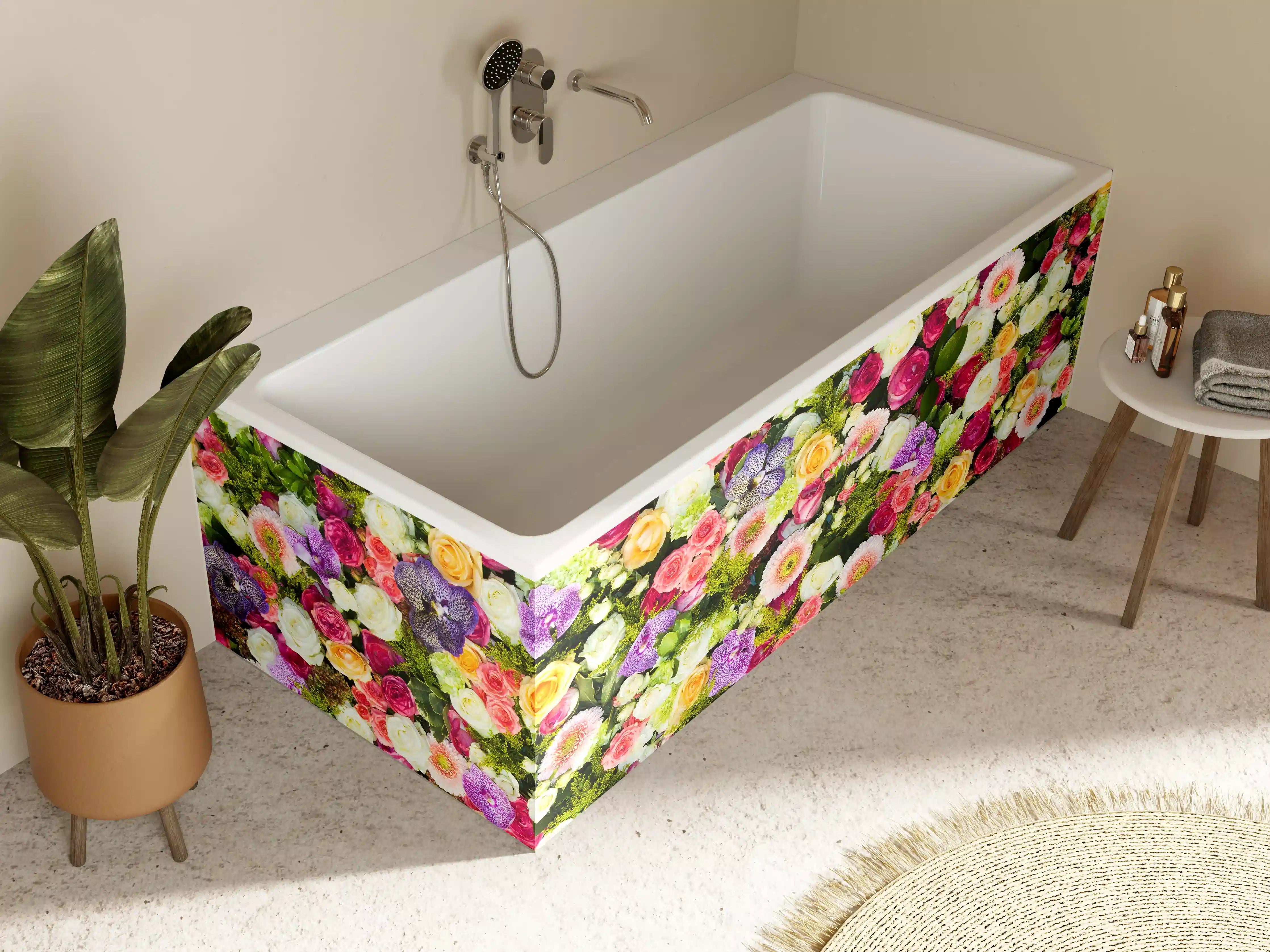 Badewannen-Rückwand - Bunte Blumenvielfalt mit Rosen, Margeriten und Veilchen