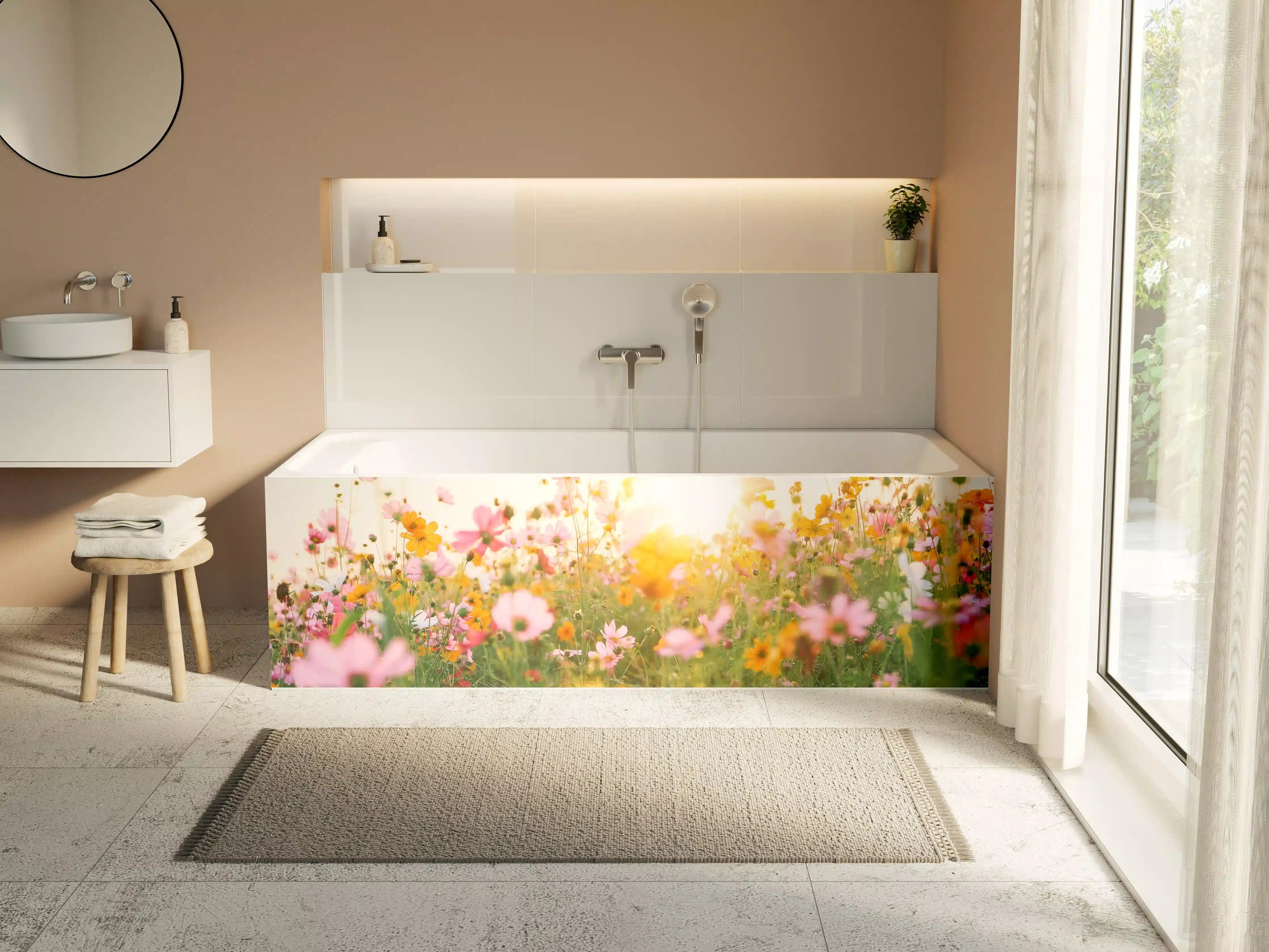 Badewannen-Rückwand - Bunte Blumenwiese mit Sonnenlicht