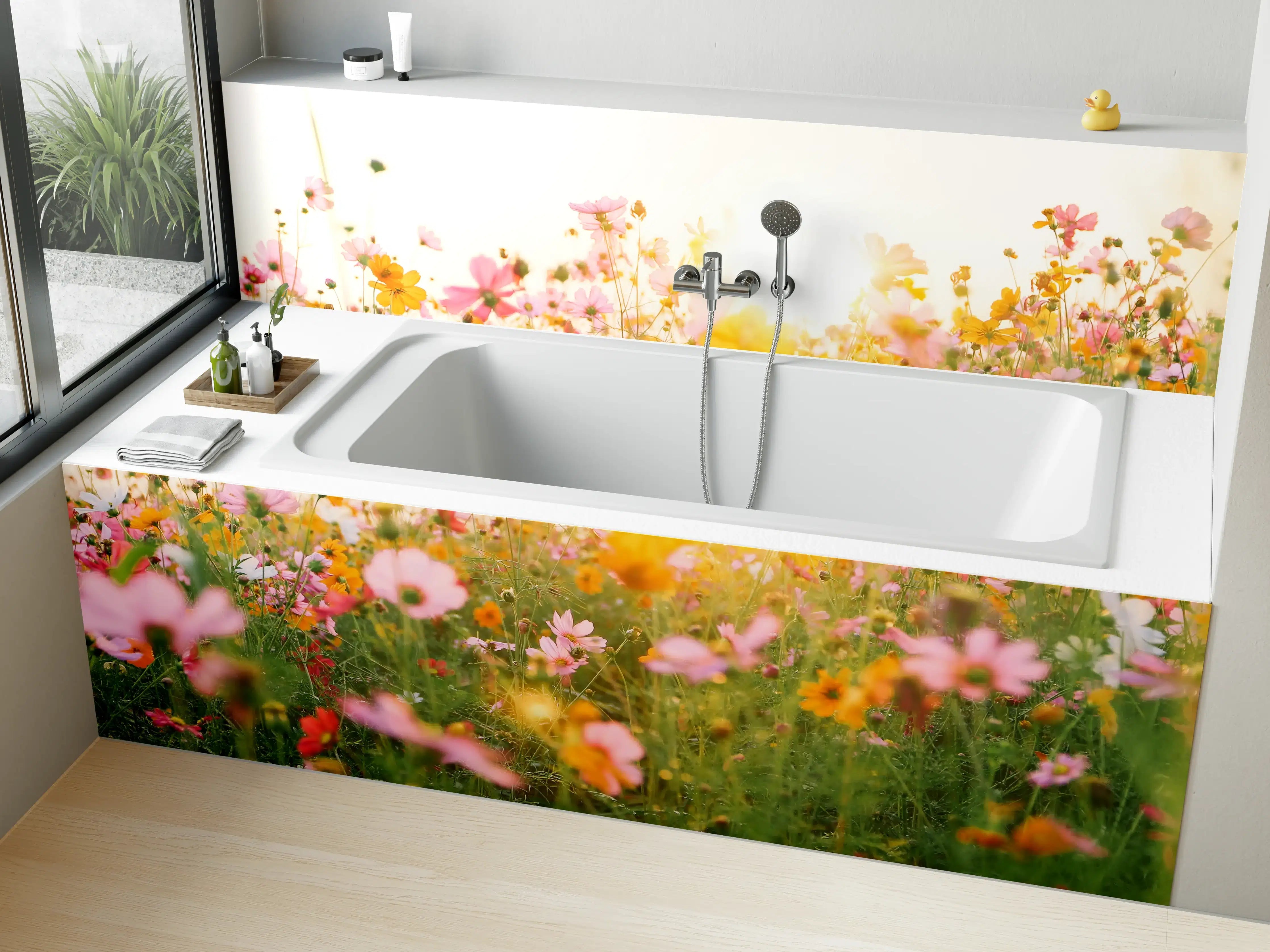 Badewannen-Rückwand - Bunte Blumenwiese mit Sonnenlicht