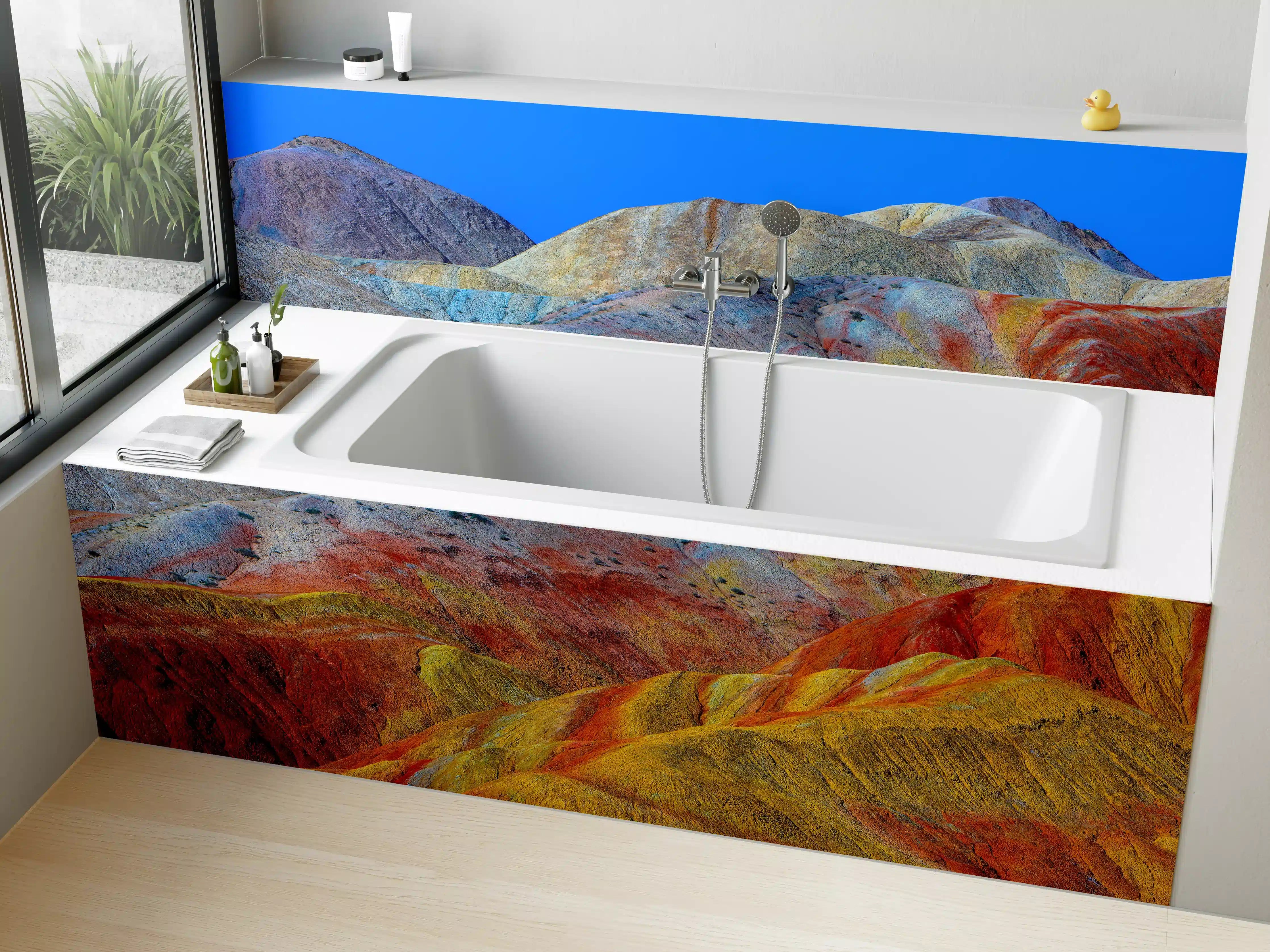 Badewannen-Rückwand - Bunte Gebirgslandschaft mit Farbverlauf