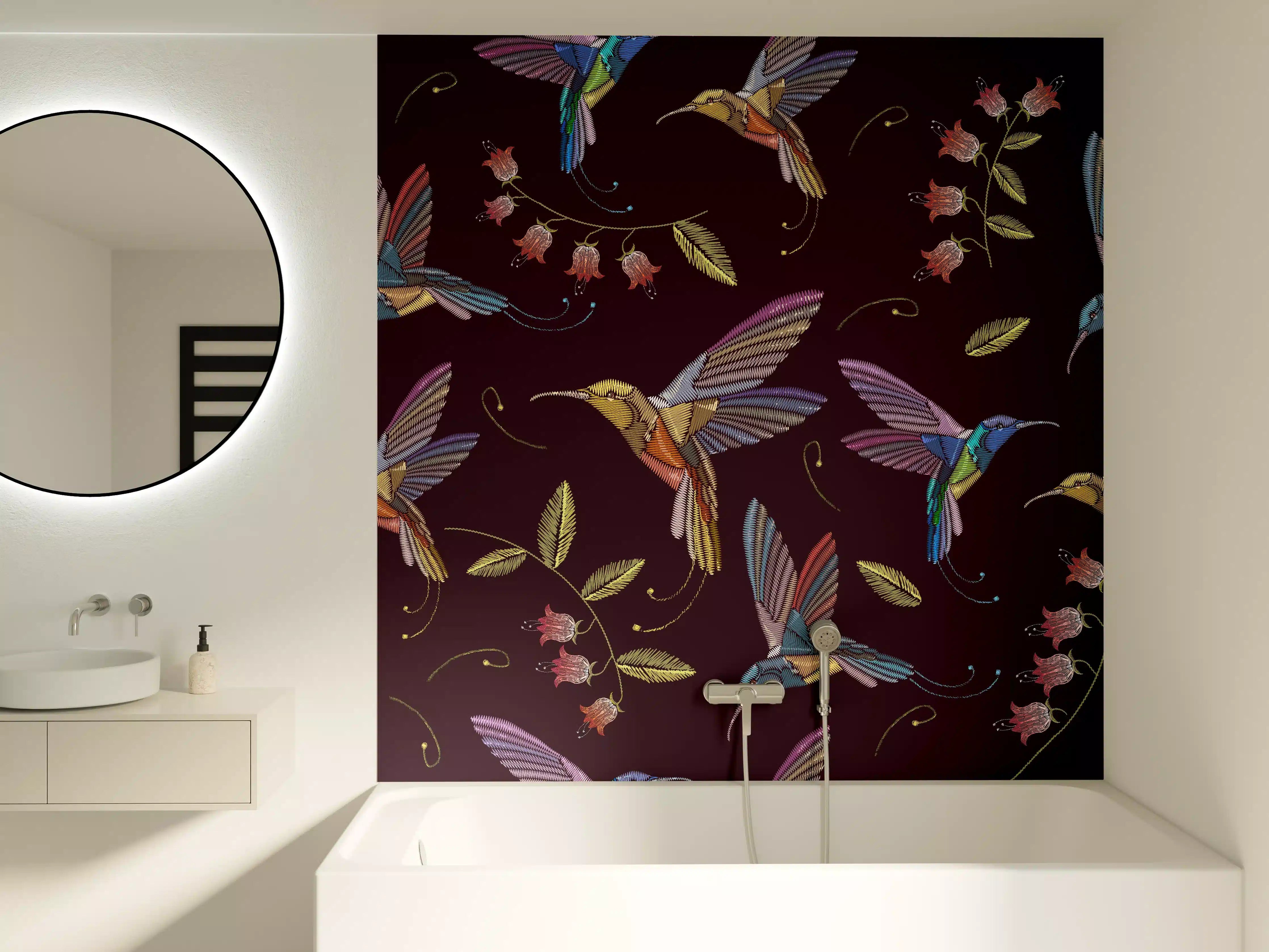 Badewannen-Rückwand - Bunte Kolibri-Stickerei-Muster