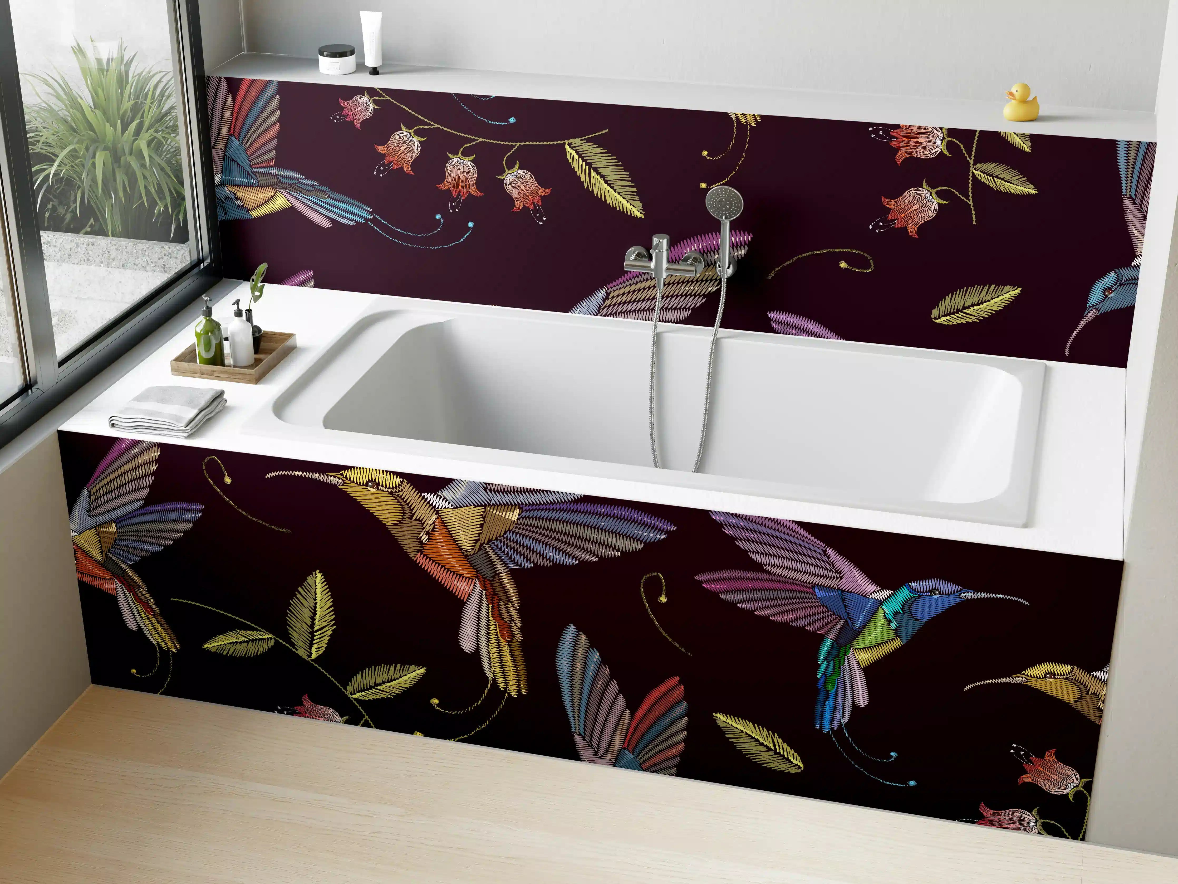 Badewannen-Rückwand - Bunte Kolibri-Stickerei-Muster