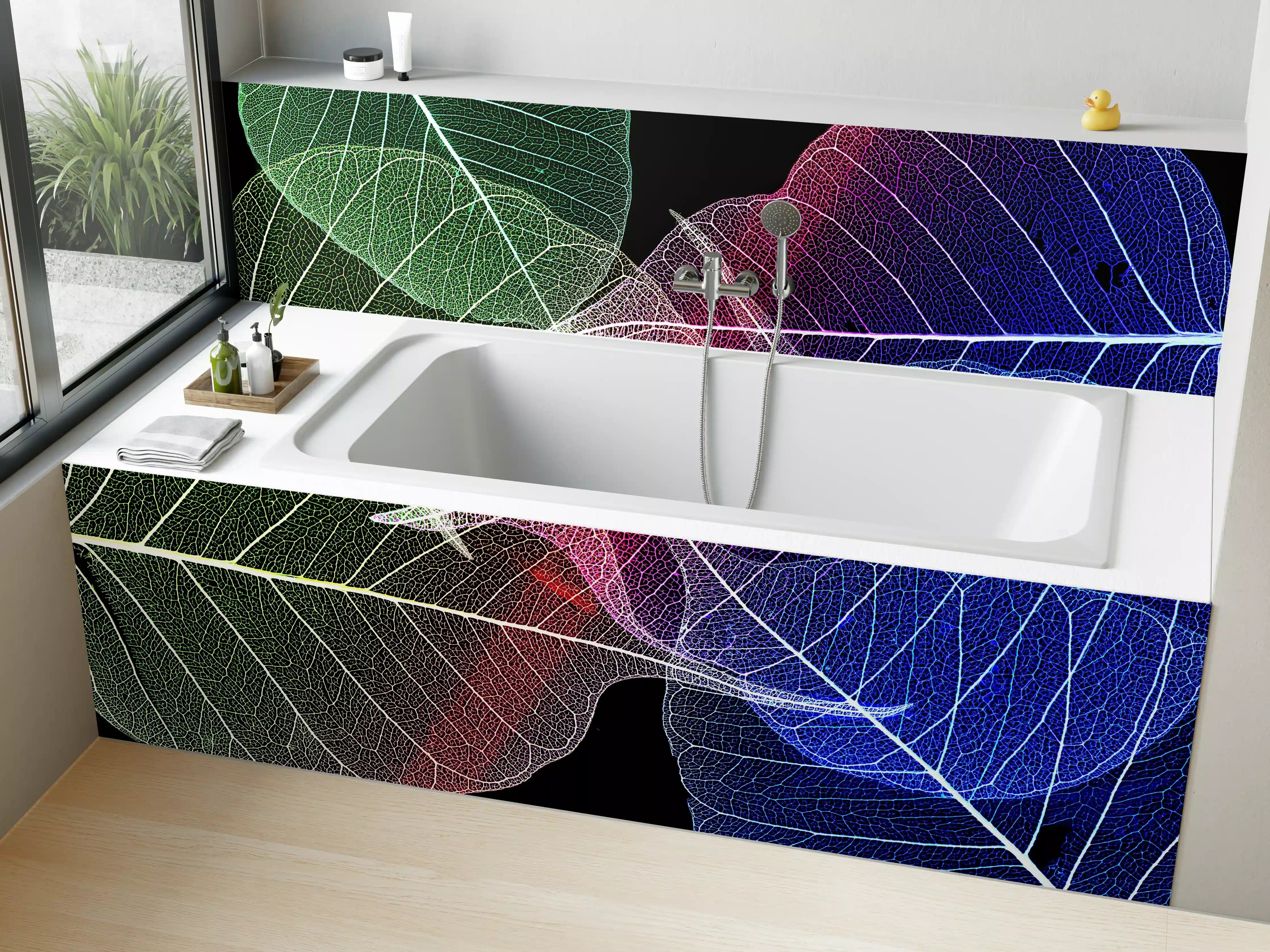 Badewannen-Rückwand - Bunte Laubtextur auf Schwarz