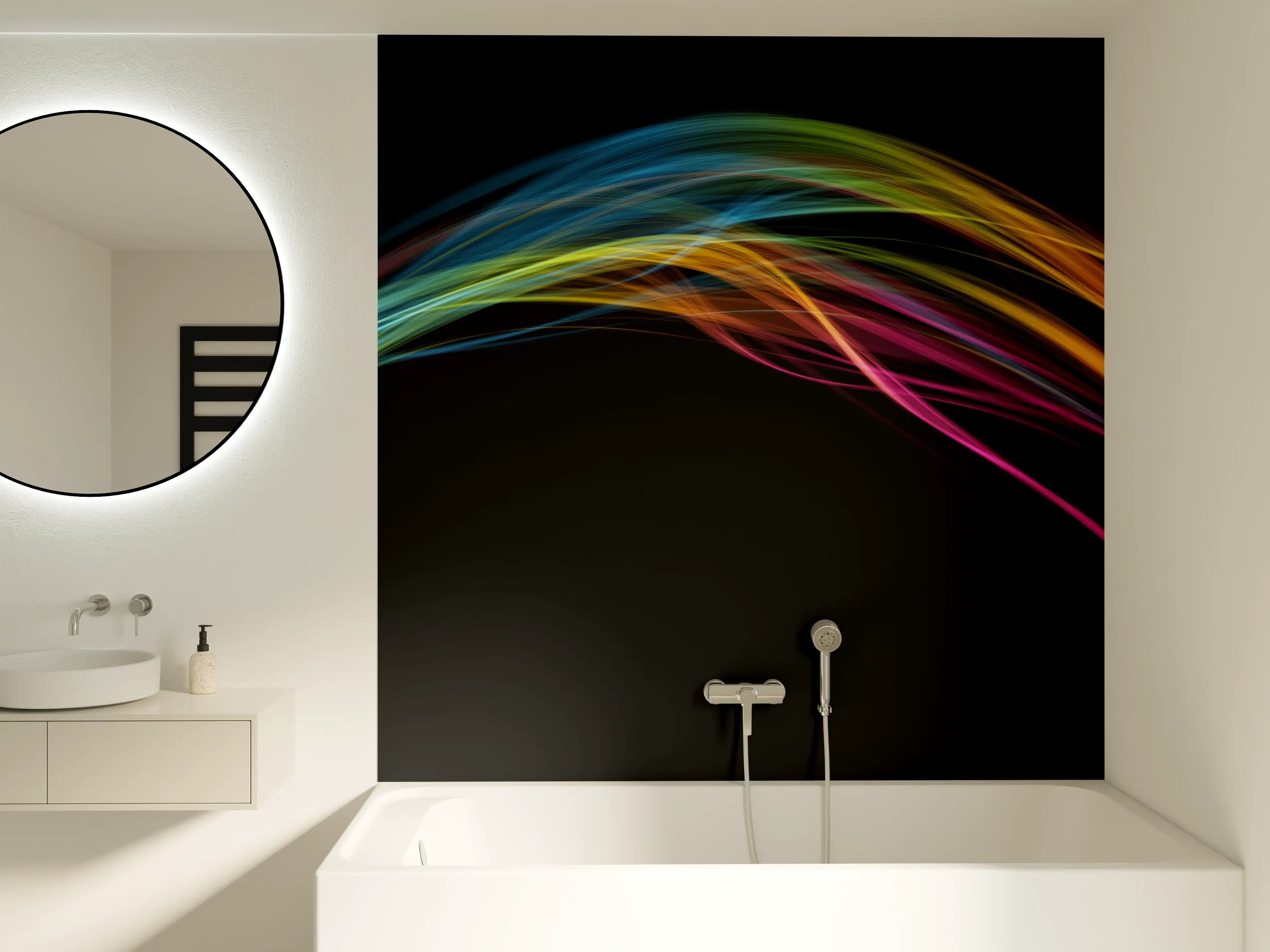 Badewannen-Rückwand - Bunte Lichtwellen auf schwarzem Hintergrund