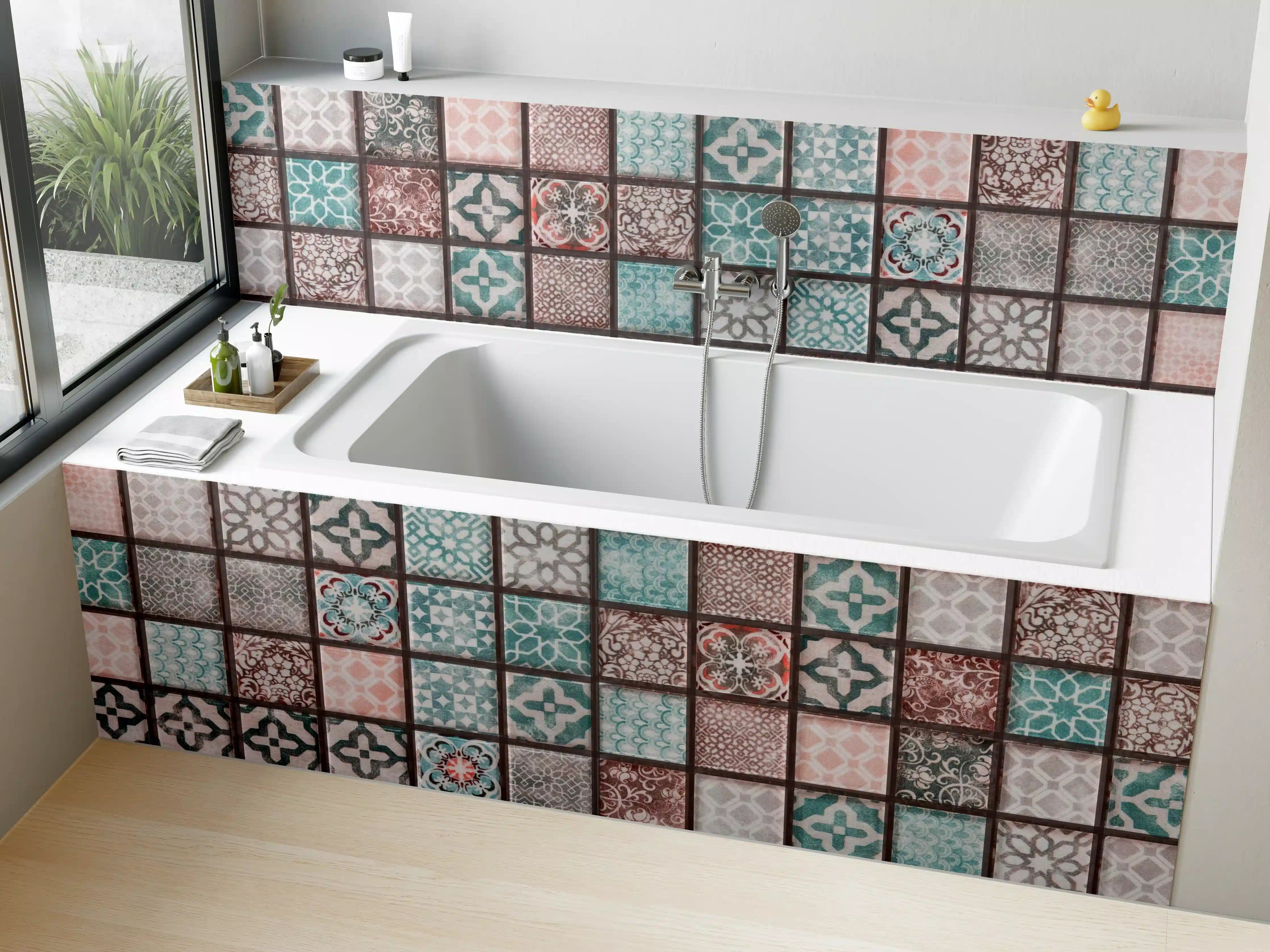 Badewannen-Rückwand - Bunte Mosaikfliesen mit geometrischen Mustern