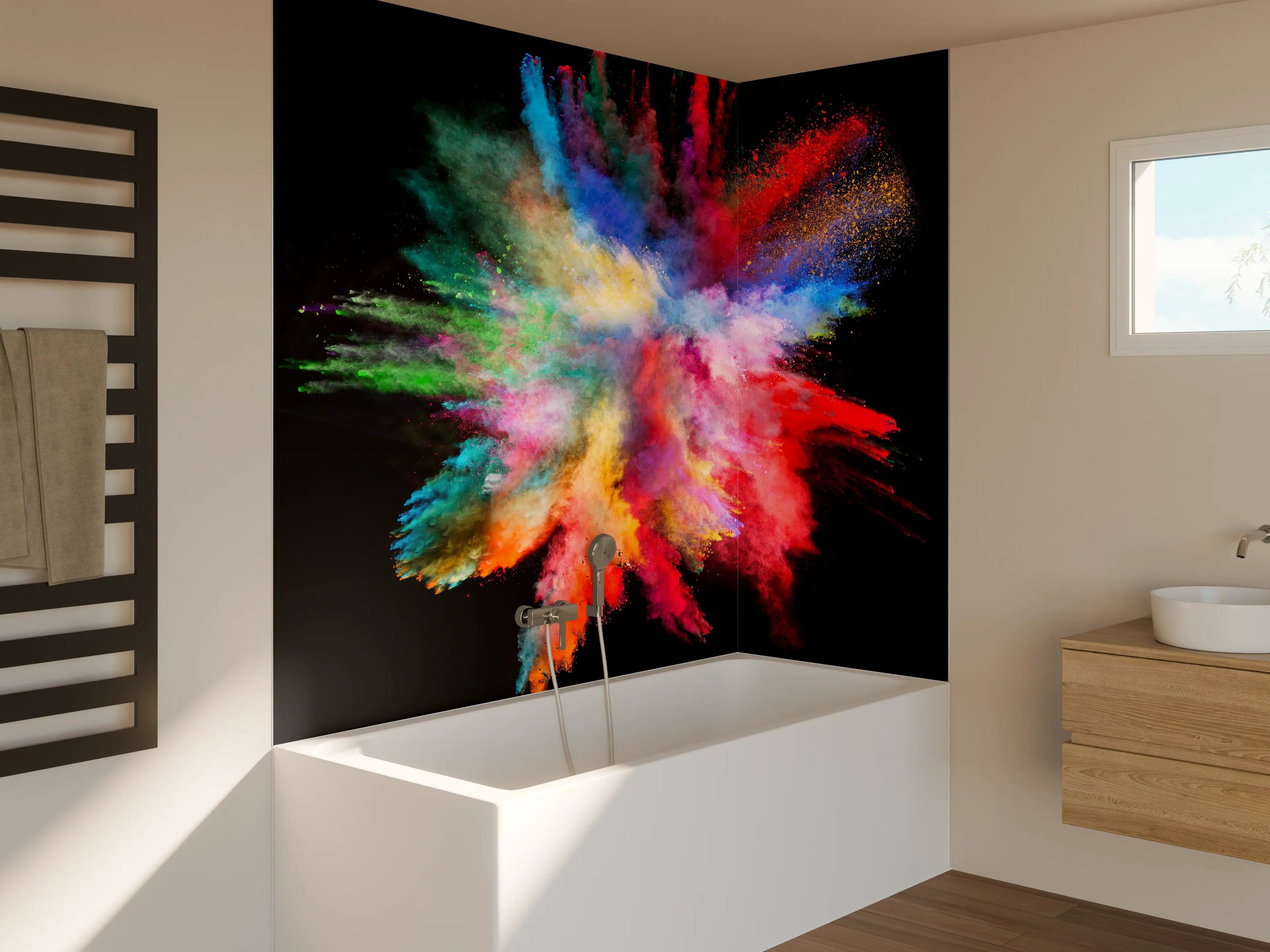 Badewannen-Rückwand - Bunte Pulverexplosion auf schwarzem Hintergrund
