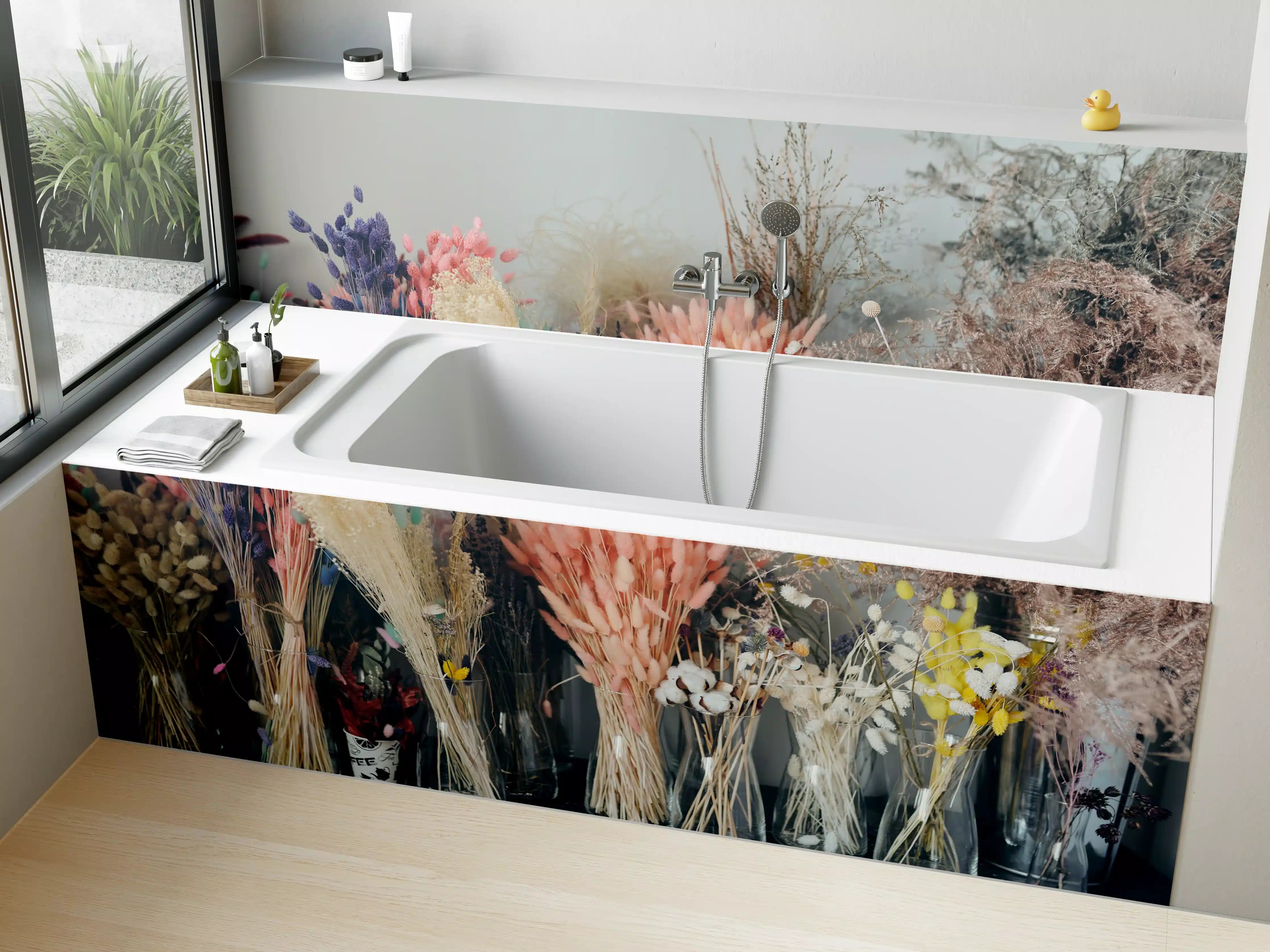 Badewannen-Rückwand - Bunte Trockenblumen im Regal