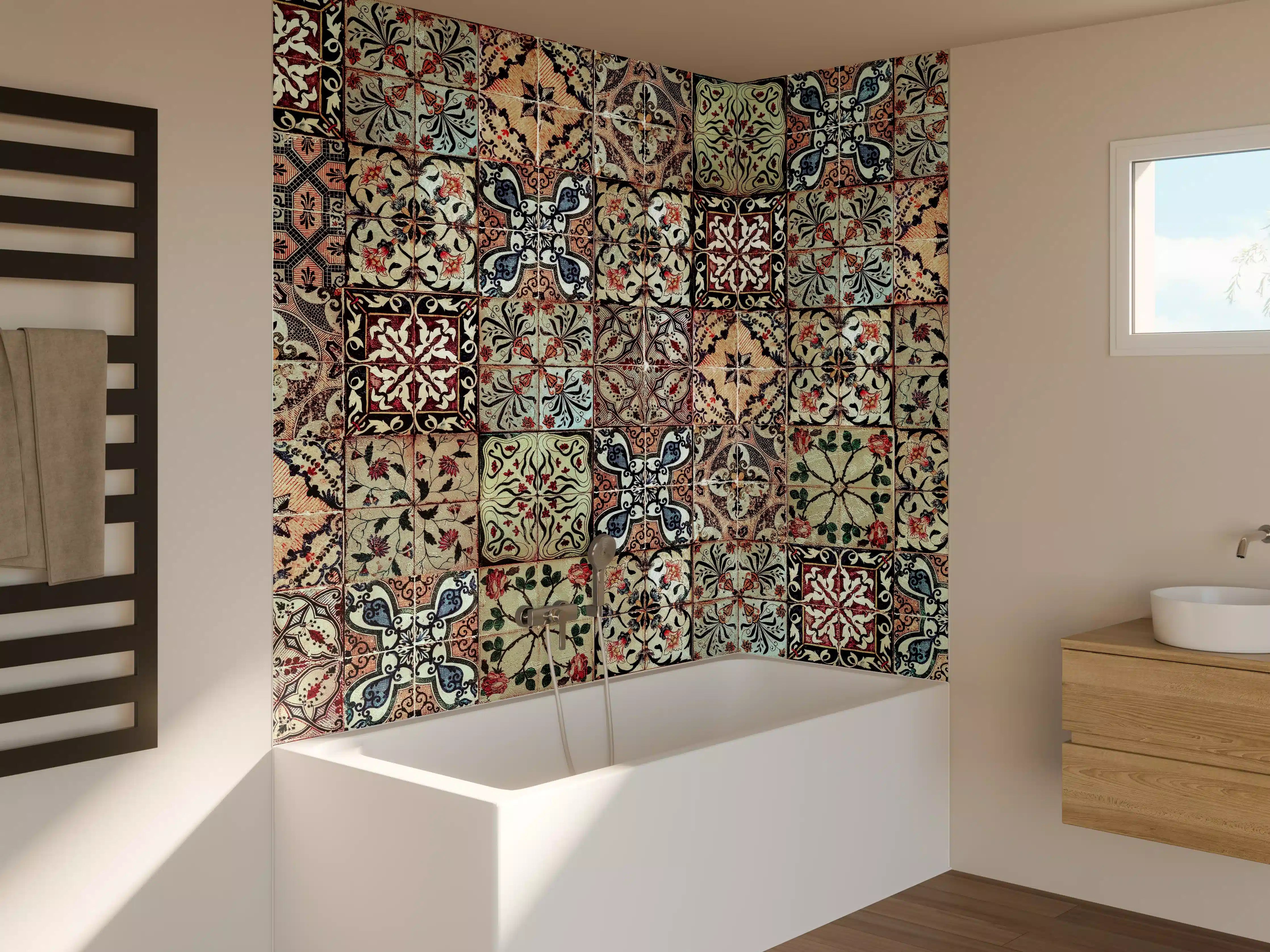 Badewannen-Rückwand - Bunte Vintage-Fliesen mit mittelalterlichem Muster