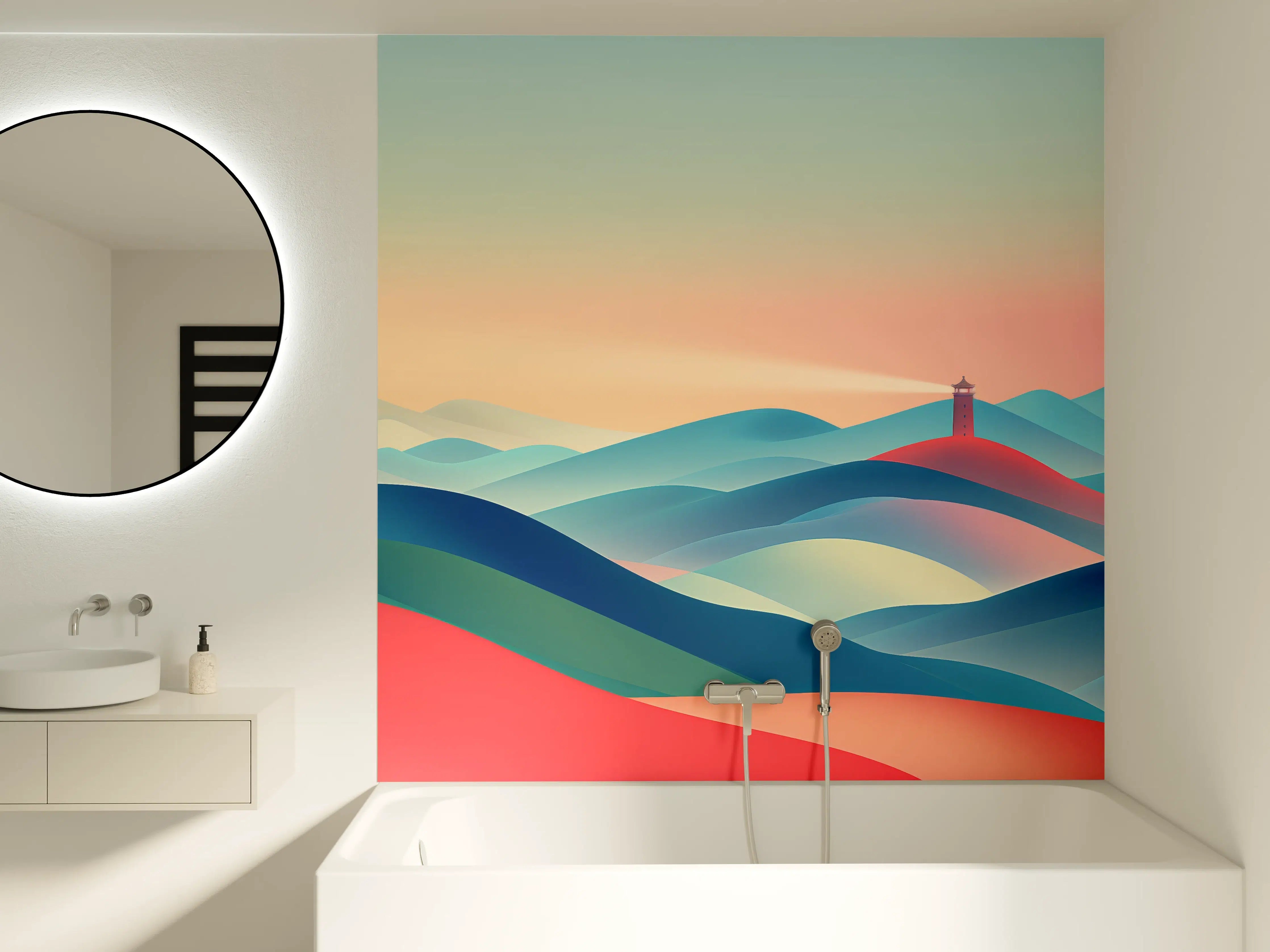 Badewannen-Rückwand - Bunte abstrakte Landschaft mit Leuchtturm
