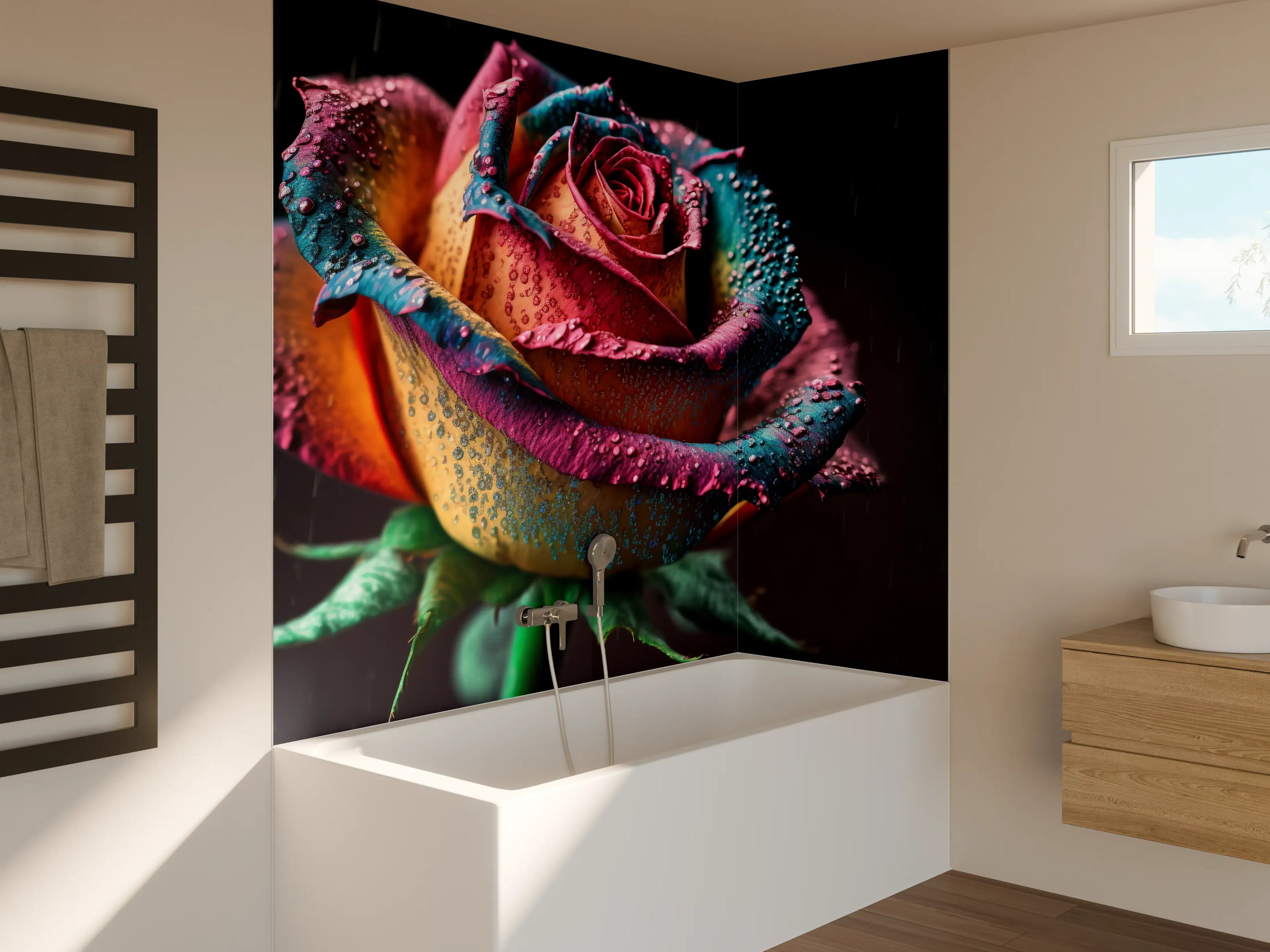 Badewannen-Rückwand - Bunte, Regentropfen-bedeckte Rose in dunklem Hintergrund